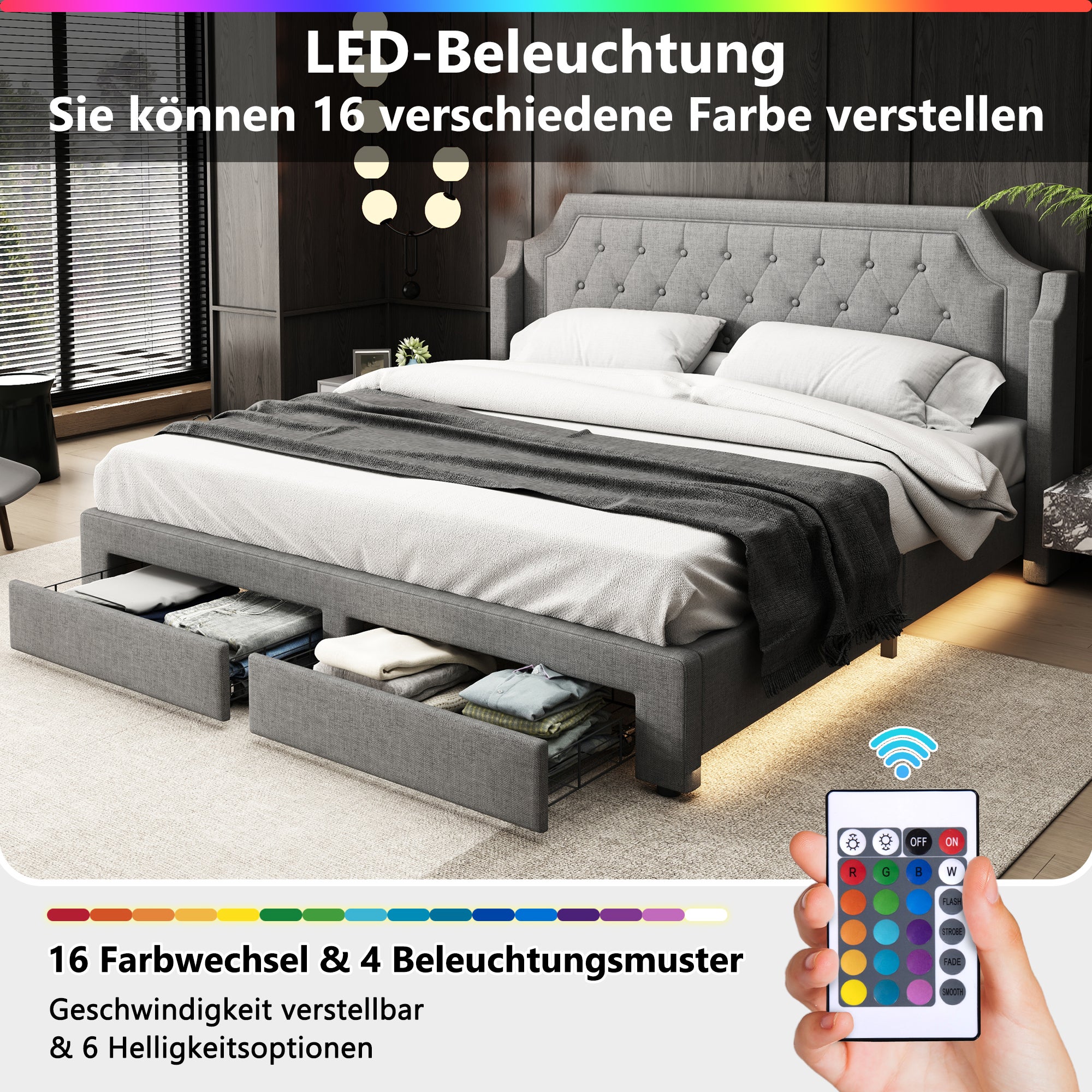Letto Matrimoniale Imbottito 180x200 Con LED, USB E Controllo App – Contenitore E Testiera In Lino – Beige - 3