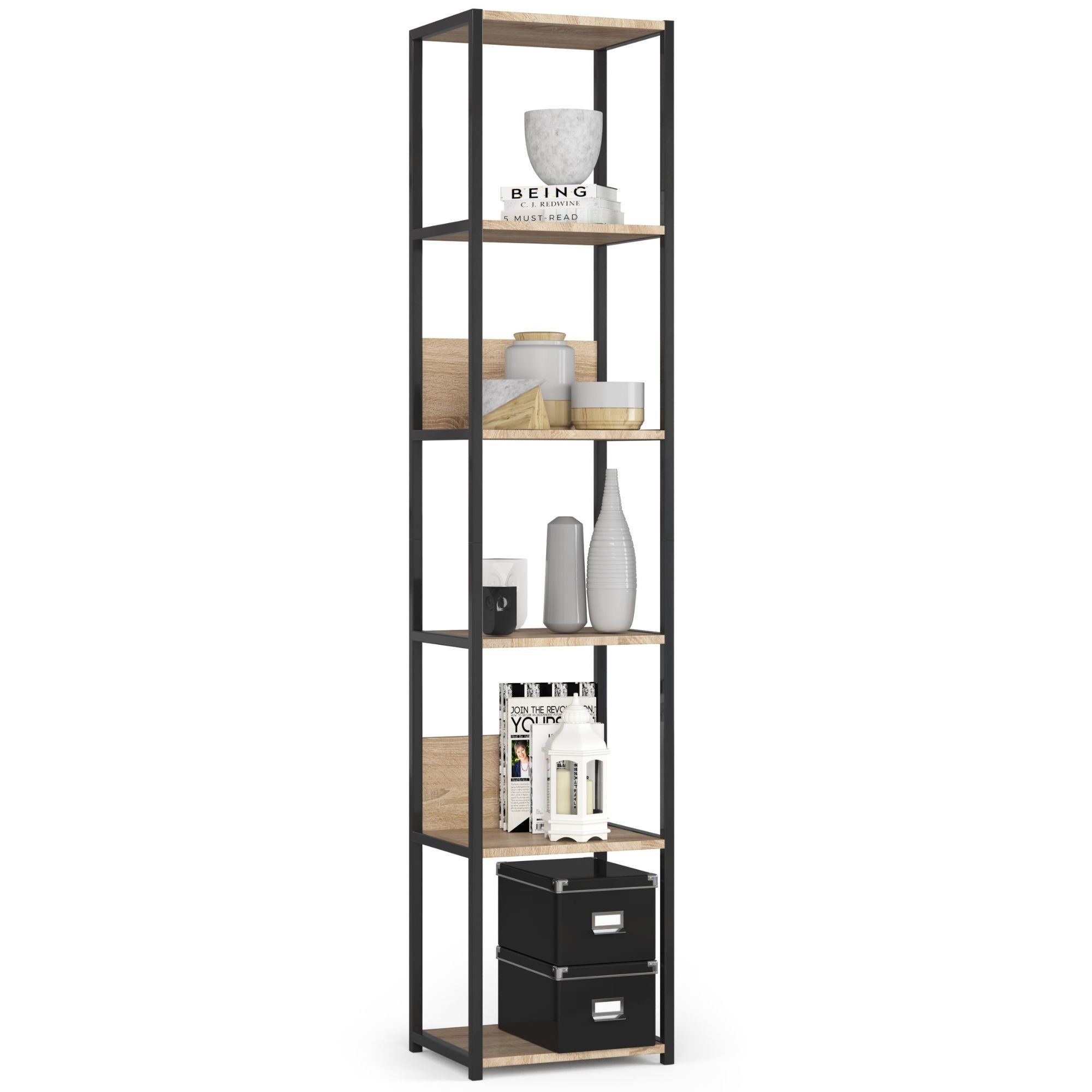 Regał loft AKORD metalowy Czarny 40 cm kolor Dąb Sonoma mat 6 półek 40x32x192 cm
