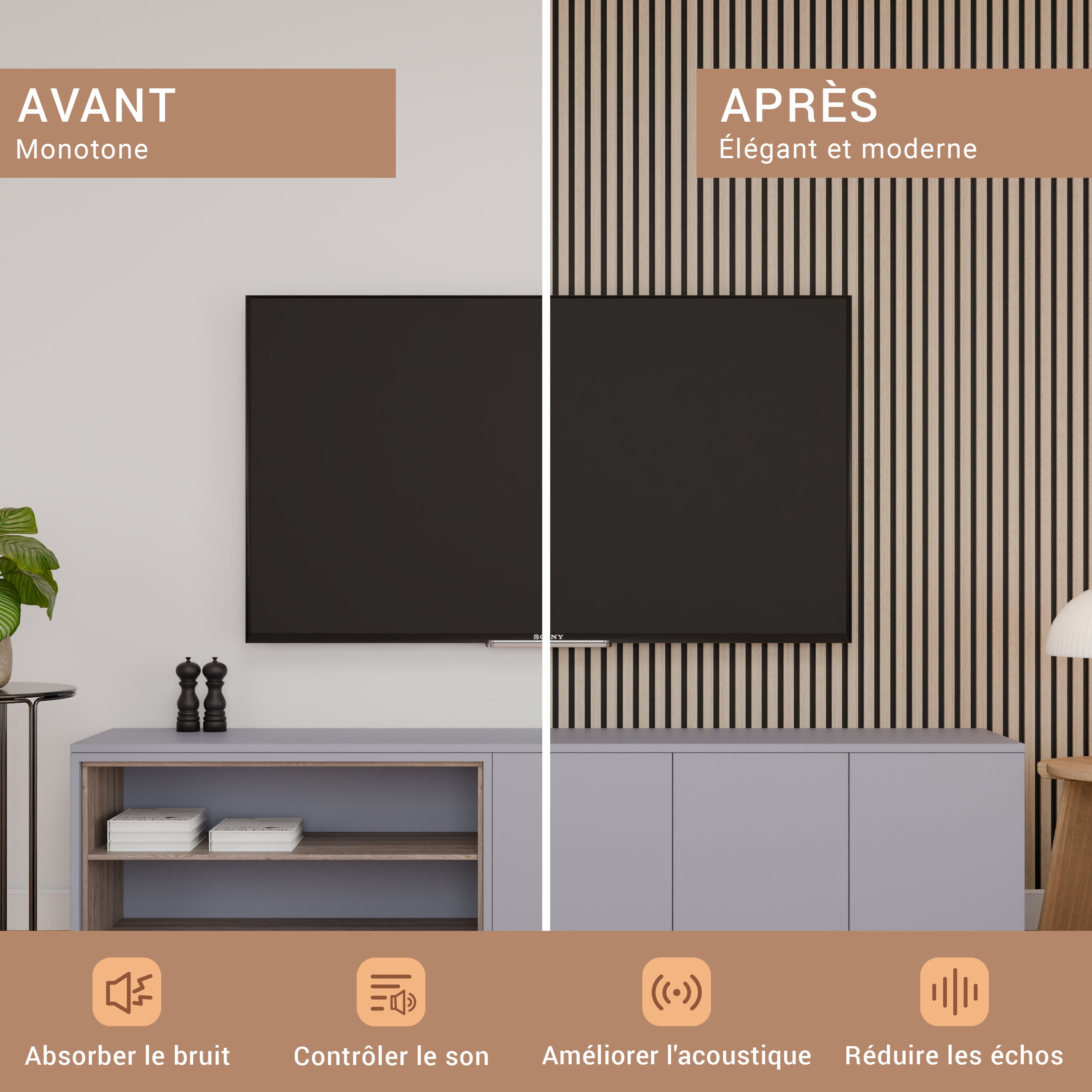 Lot 4 pièces - Panneau Acoustique - Noyer - Feutrine Noir - 240x60x1.1cm - 5