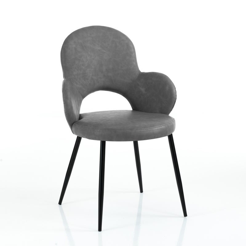 Zestaw 4 krzeseł ELISABETH OLD GREY, szara skóra w stylu vintage i czarny metal, 57x64x88 cm