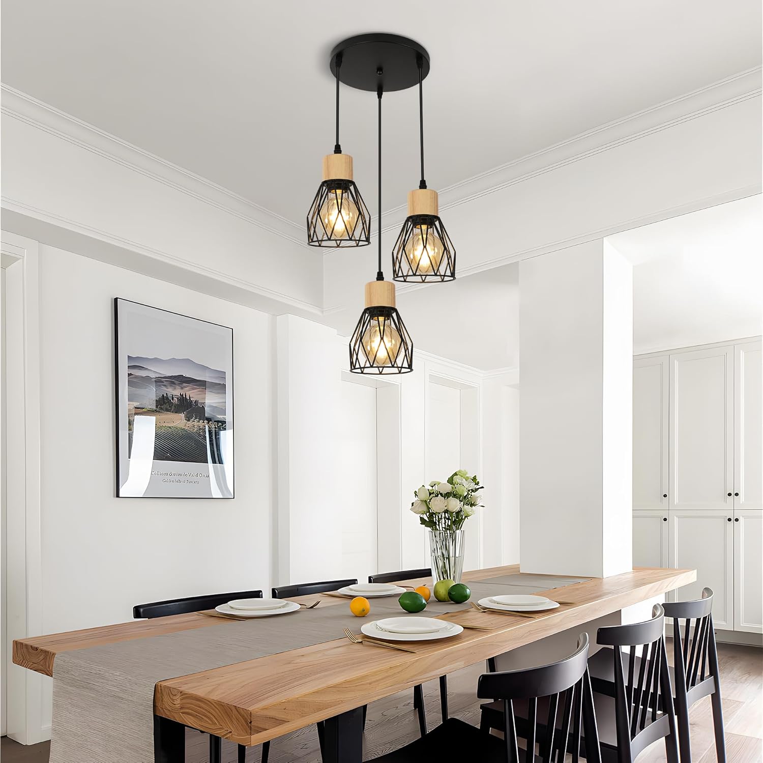 GOECO Suspension en Forme de Diamant avec Trois Abat-jours , Câble Ajustable 1m, Base E27(sans Ampoule) - 5