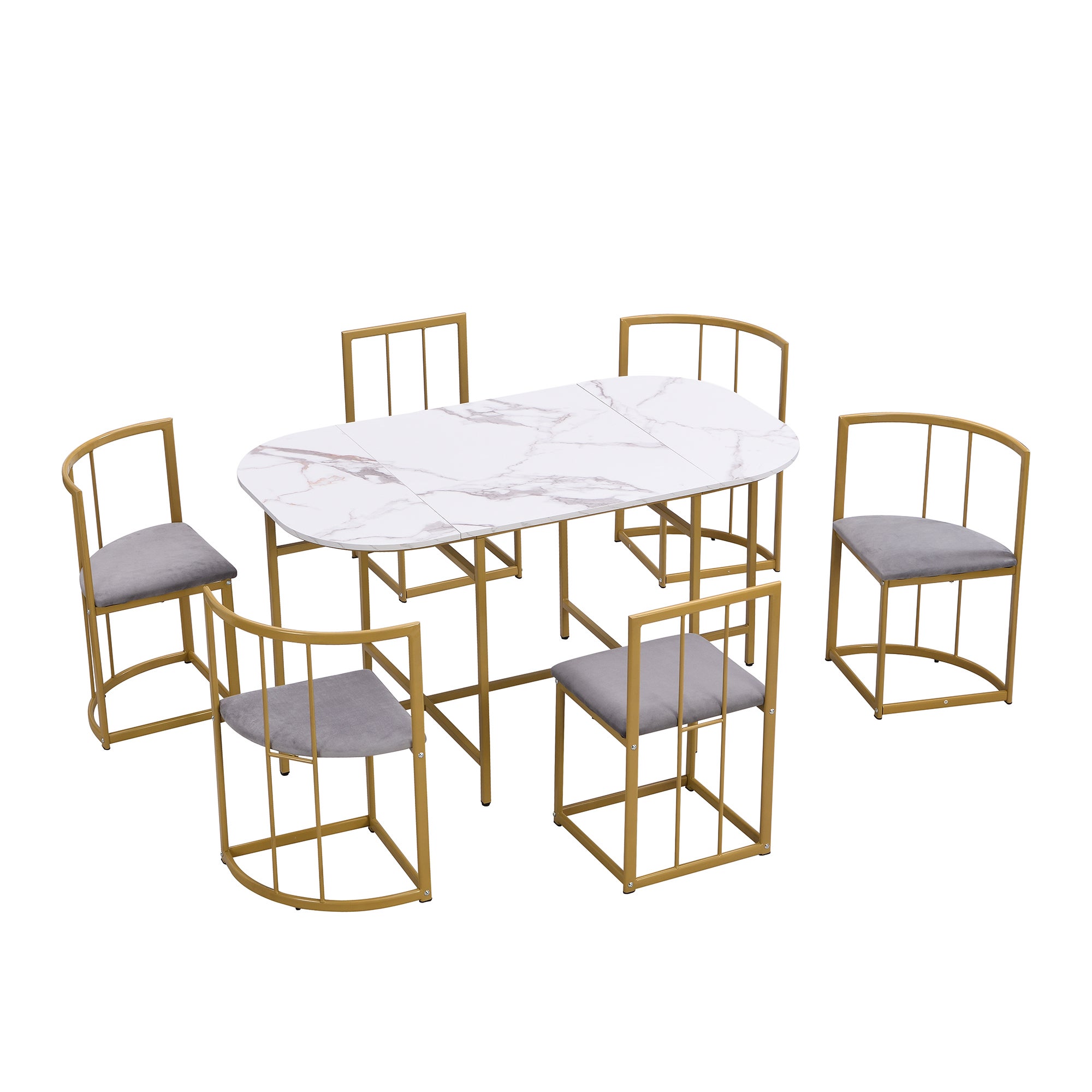 Set tavolo ovale + 6 sedie da pranzo - velluto e metallo dorato - stile moderno - bianco + oro - 3