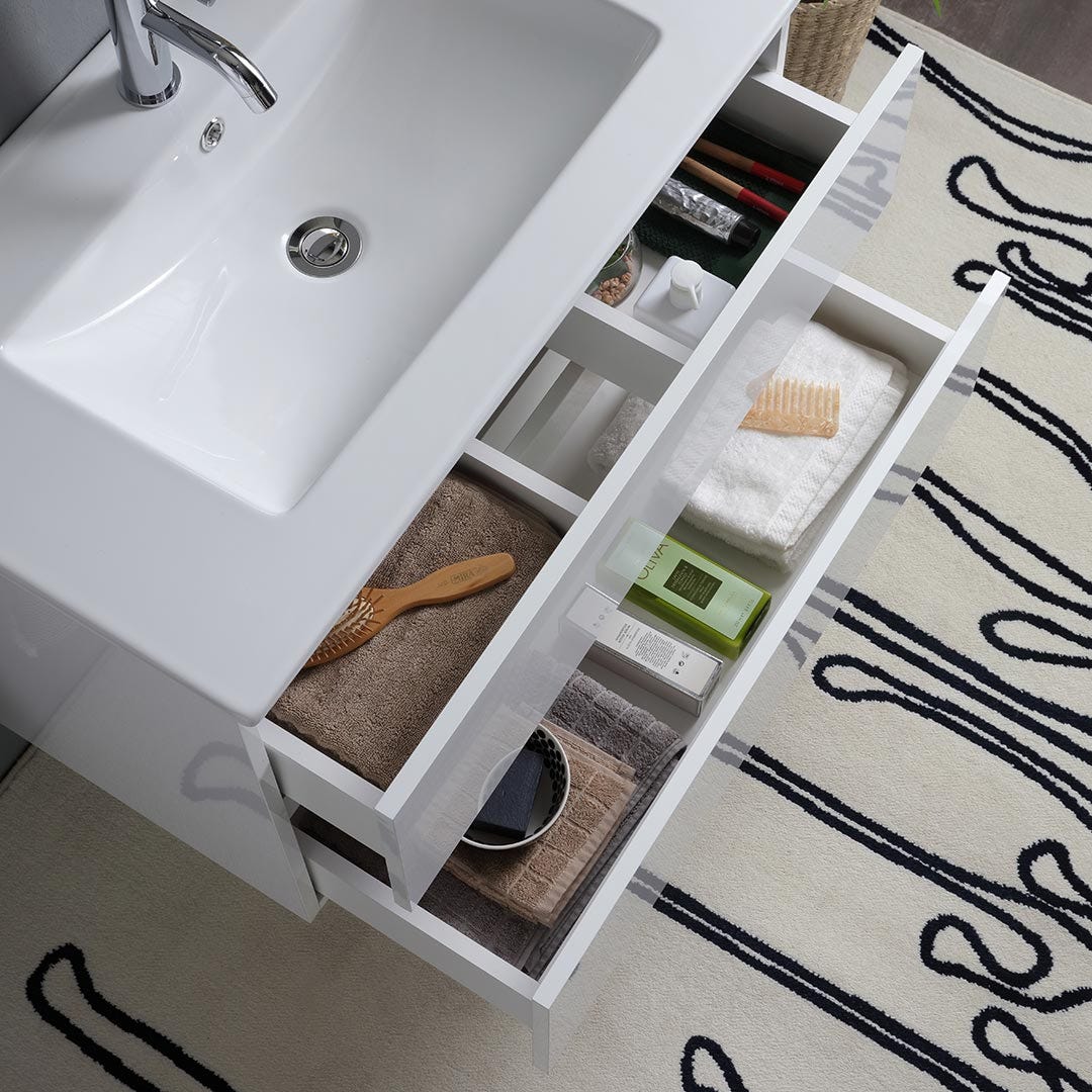 Meuble de salle de bain suspendu blanc brillant 80cm 2 tiroirs | Benaco - 3