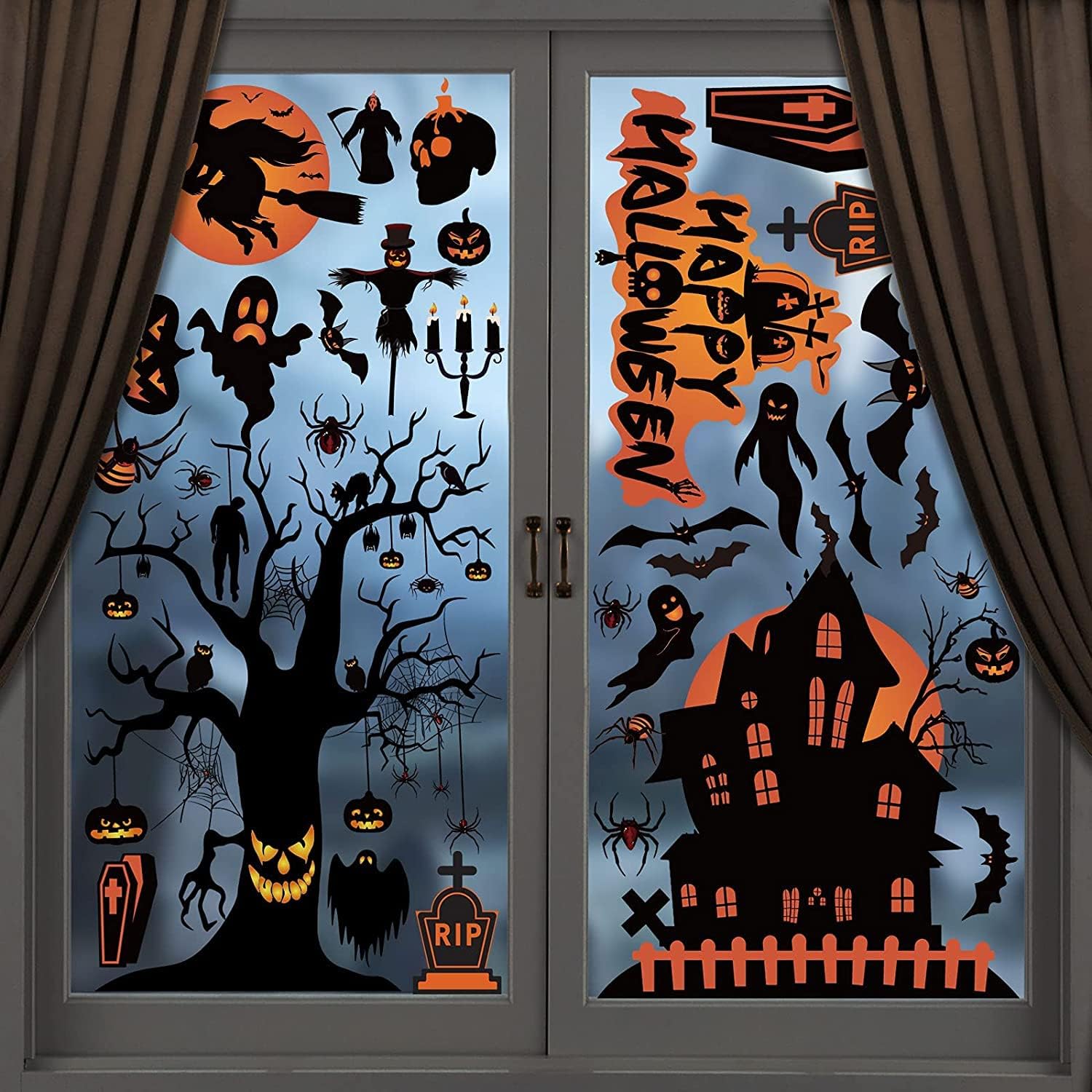 98 dekoracji na Halloween | 8 naklejek na okna na Halloween | Dwustronne naklejki z nietoperzami i pająkami