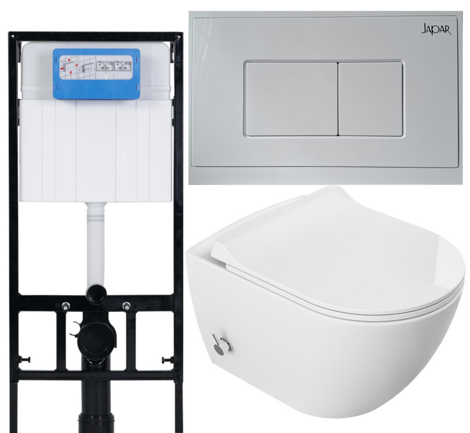 Miska WC z funkcją bidetu Rimless z baterią ciepła/zimna woda,deska duroplastslim soft close,s telaż podtynkowy, przycisk