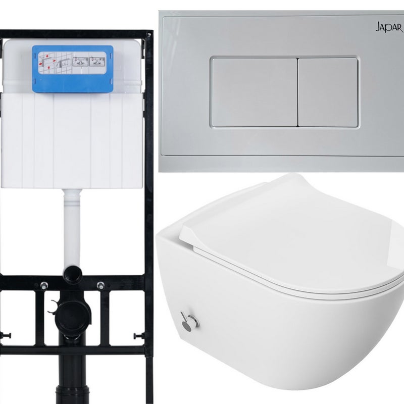 Miska WC z funkcją bidetu Rimless z baterią ciepła/zimna woda,deska duroplastslim soft close,s telaż podtynkowy, przycisk