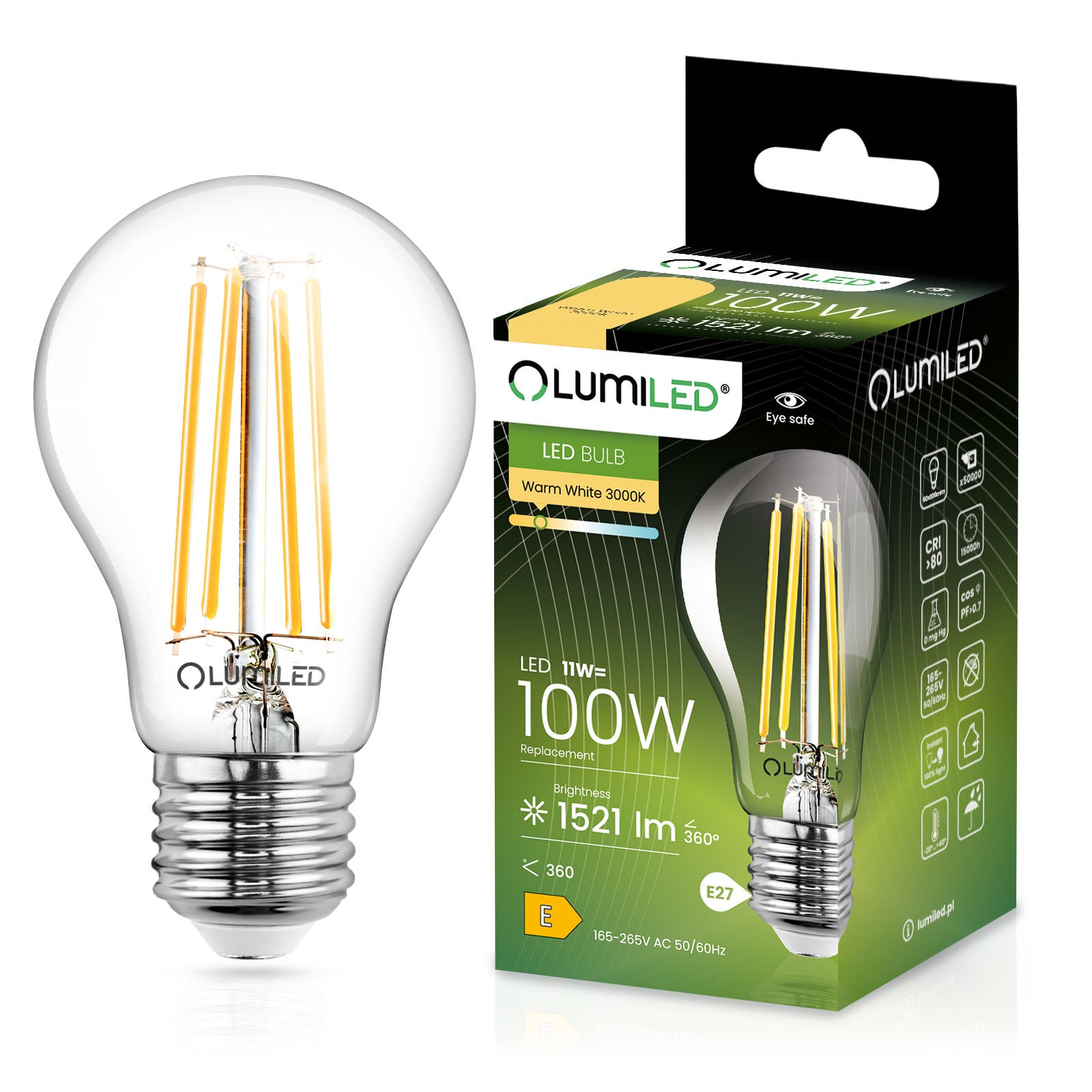 Żarówka LED Lumiled E27 A60 11W 1521lm 3000K Ciepła biel 360st Filament 1 szt.