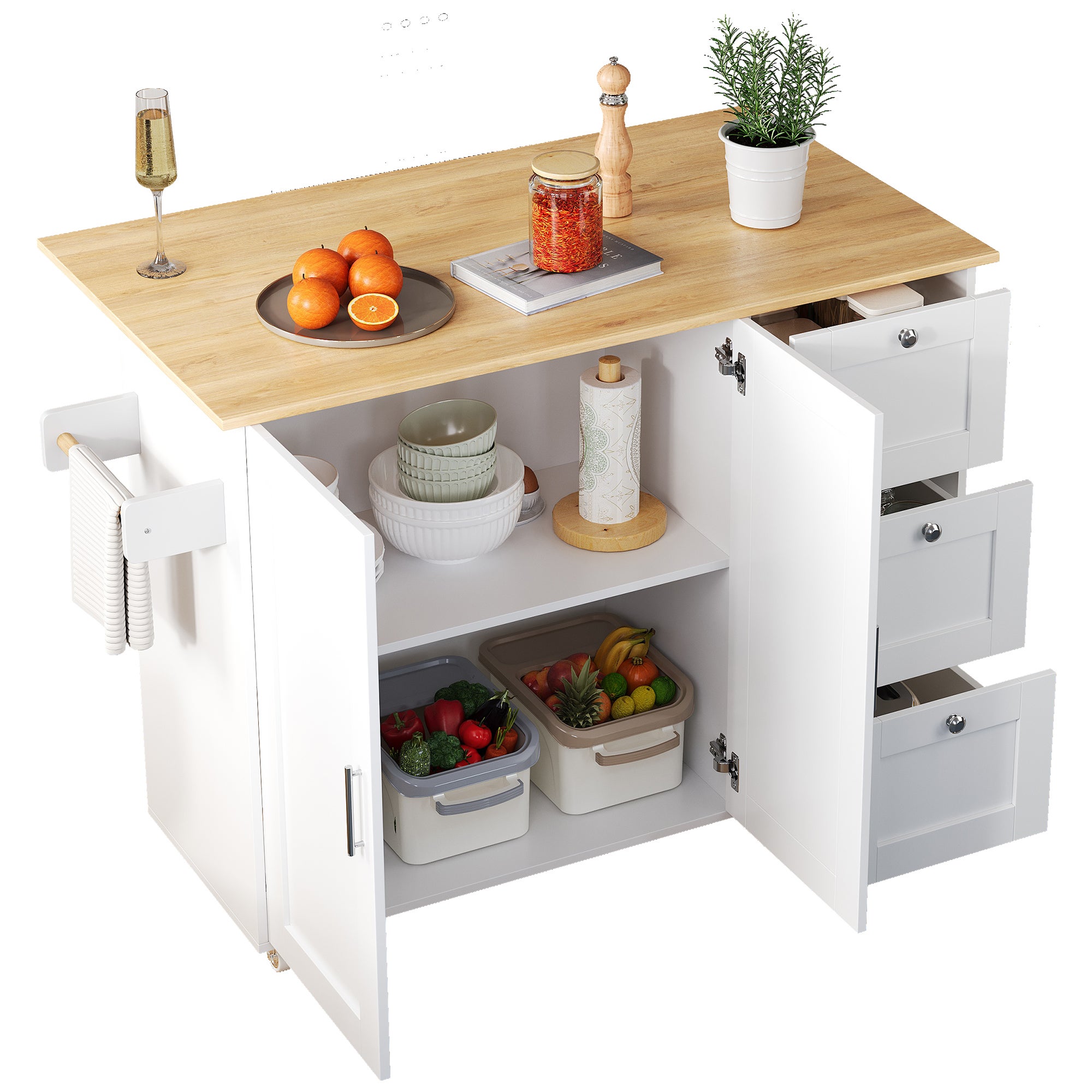 Ilot central de cuisine - avec comptoir pliant - 3 tiroirs et étagères réglables - Blanc - 3