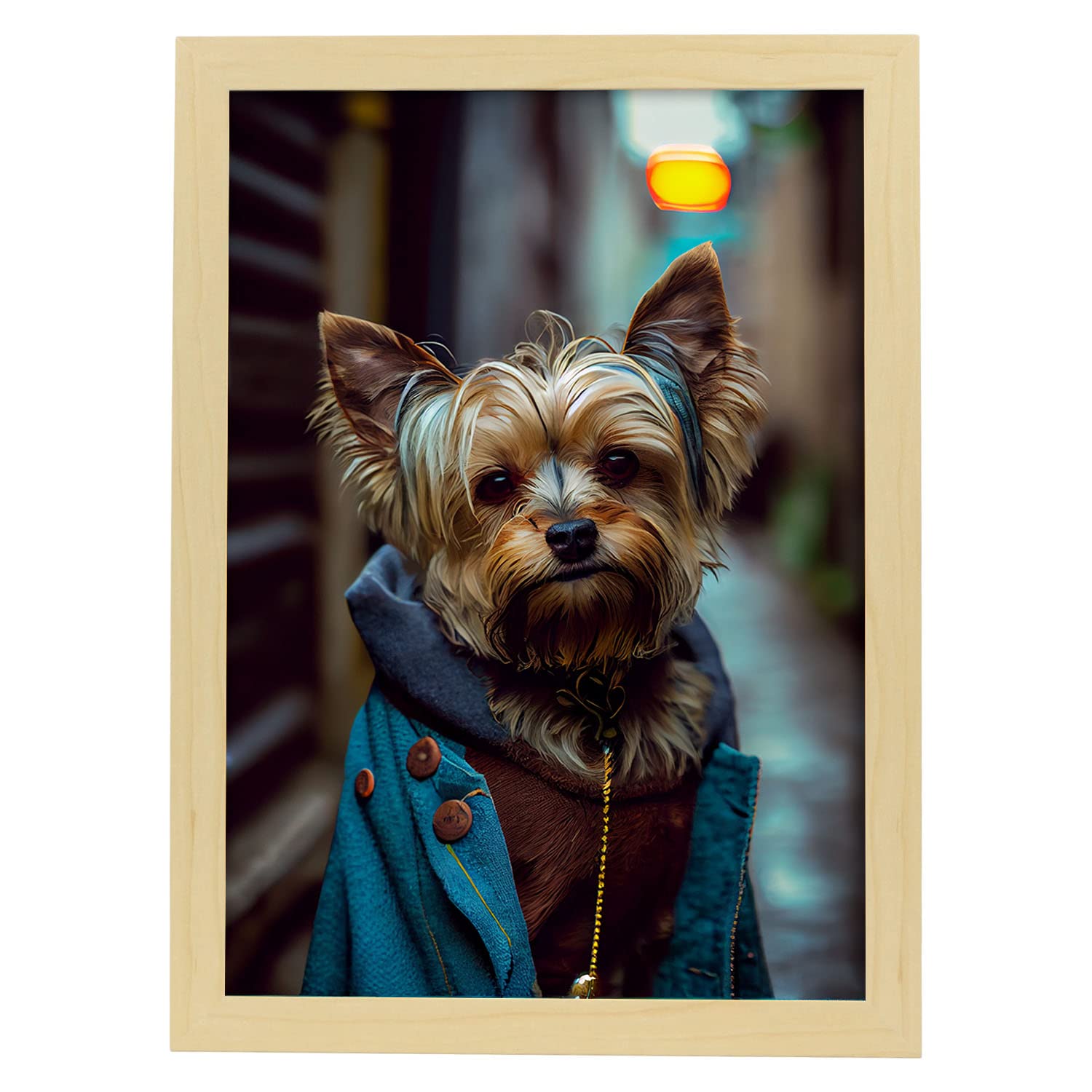 Nacnic lámina yorkshire terrier sociable en estilo fotografía ilustraciones de animales con ropa humana diseño y a3 marco madera