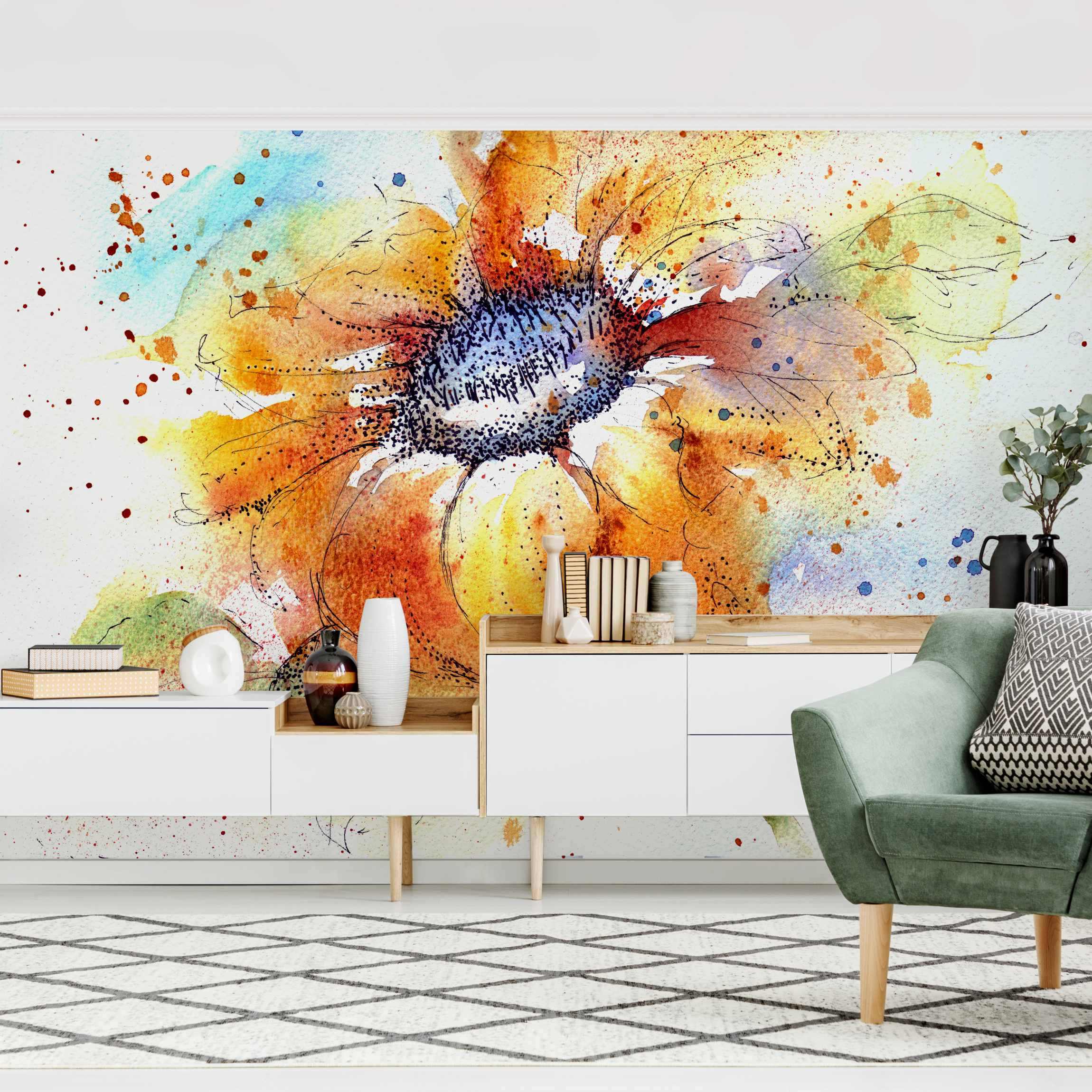 Papel pintado fotomural tournesol flores arte acuarela 86 - salón dormitorio cocina pasillo - tnt 336 x 225 cm adhesivo