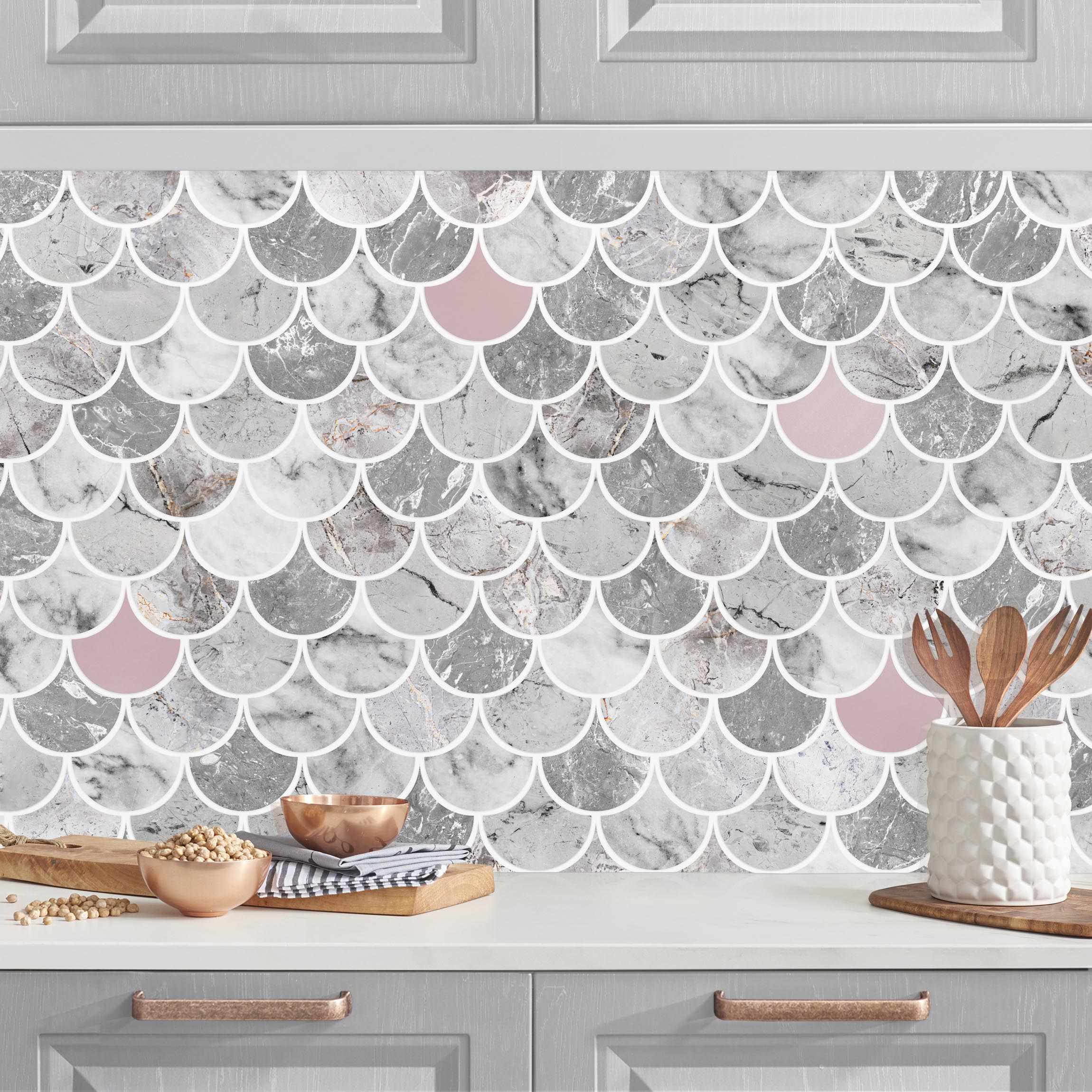 Salpicadero cocina adhesivo - fish scake tiles marble - rose gold 150 x 70 cm