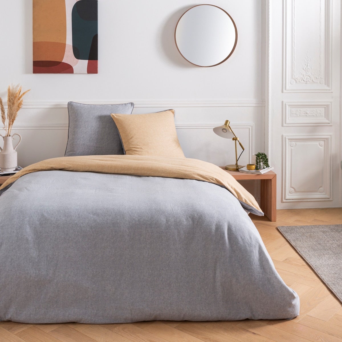 Drap housse en flanelle coton 57 fils uni gris 160x200cm - 2