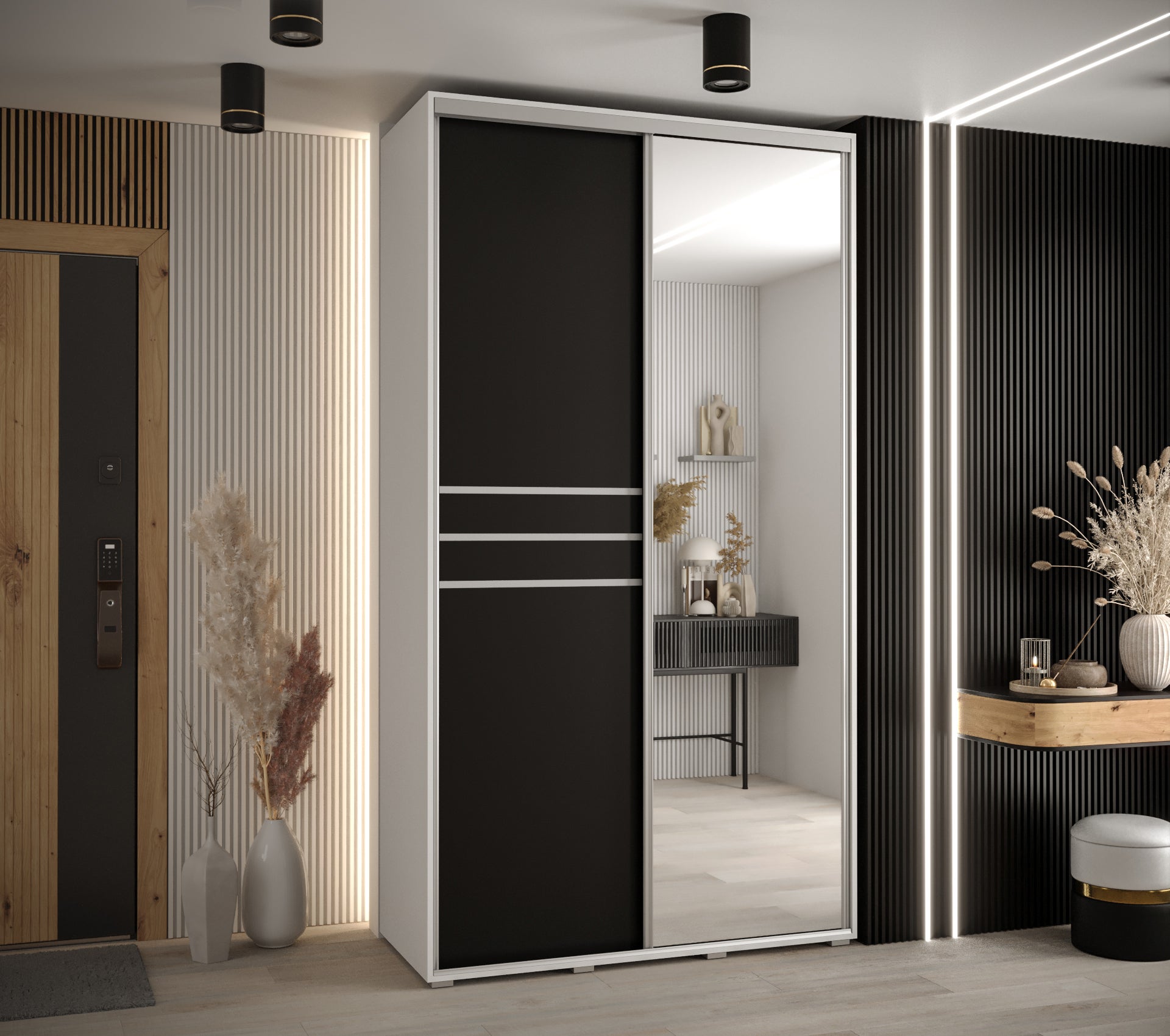 Szafa przesuwna z lustrem wysoka Davos 11 140 x 60 x 235,2 cm biały + czarny + u. srebrny - Abiks Meble - 2