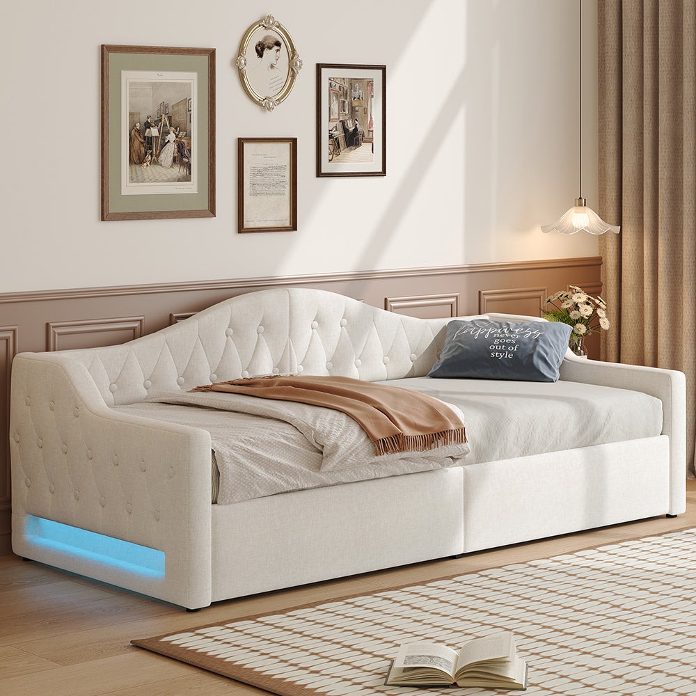 Rozkładana sofa 90 x 200 cm, z paskiem LED, hydraulicznym schowkiem, kolor beżowy - 2