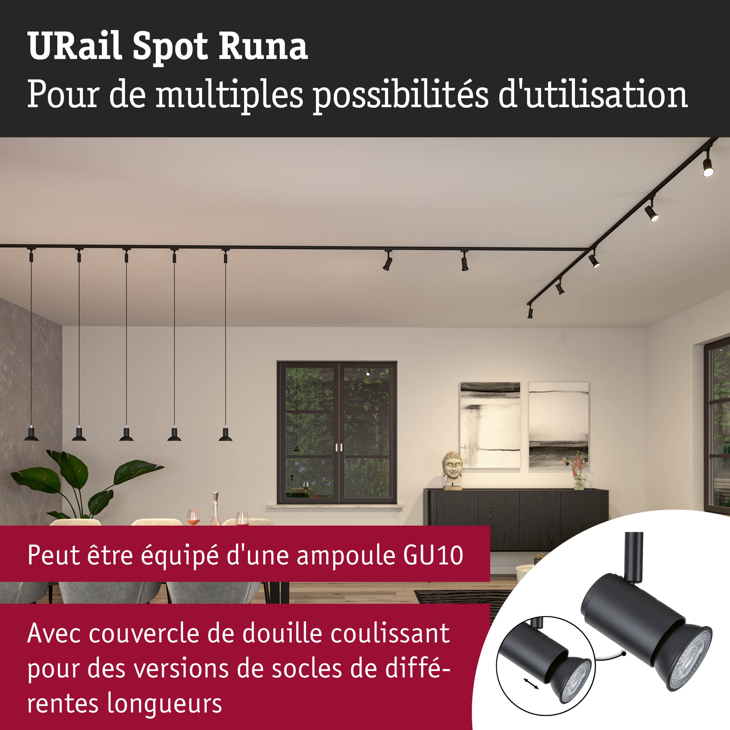 URail Spot sur rail Runa Spot individuel GU10 max. 10W gradable 230V Noir mat - 5