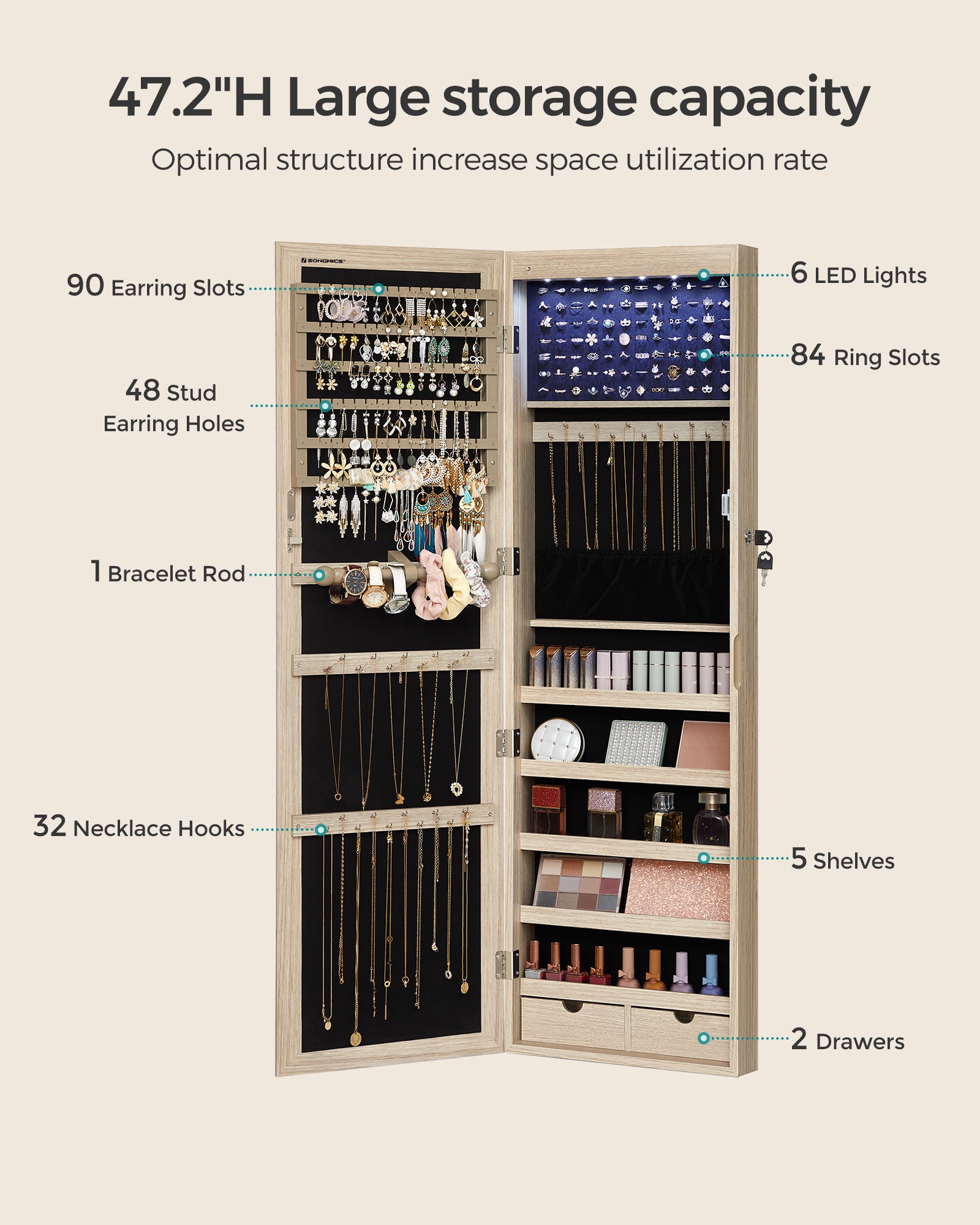 Armoire à Bijoux, Placard à Accessoires, avec Miroir, Divers Compartiments, Verrouillable, Couleur Chêne - 7