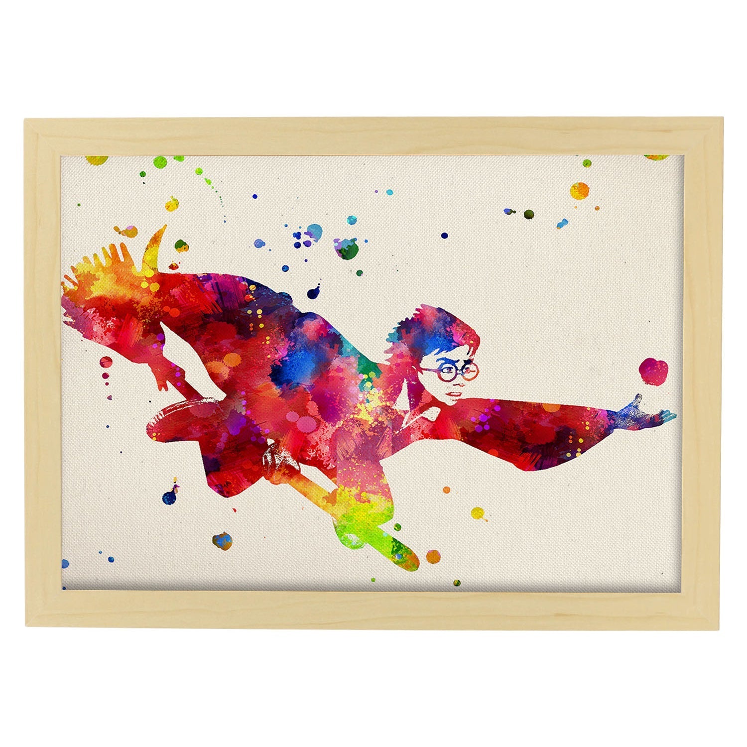 Lamina para enmarcar harry potter. poster estilo acuarela. lamina con imagenes de la pelicula harry potter. , marco madera clara - a3