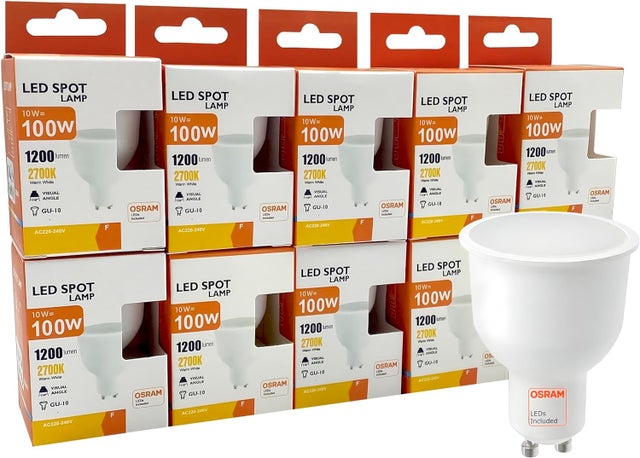Lot 10 Ampoules LED GU10 10W 1200Lm Osram Chip, 220V, angle 110º, lumière chaude 2700K