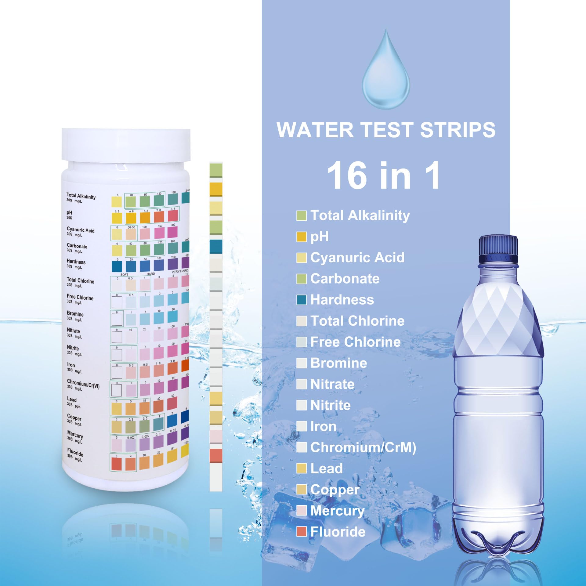 Kit de test d'eau domestique 16 en 1, 100 bandelettes de test de qualité de l'eau avec tube pour robinet domestique et eau de puits - 5