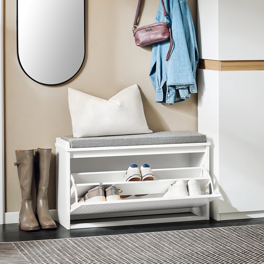 SoBuy Banc à Chaussures, Meuble à Chaussures, Meuble d'entrée, Assise Coussin Rembourré et Abattant, Blanc, FSR98-L-W - 6