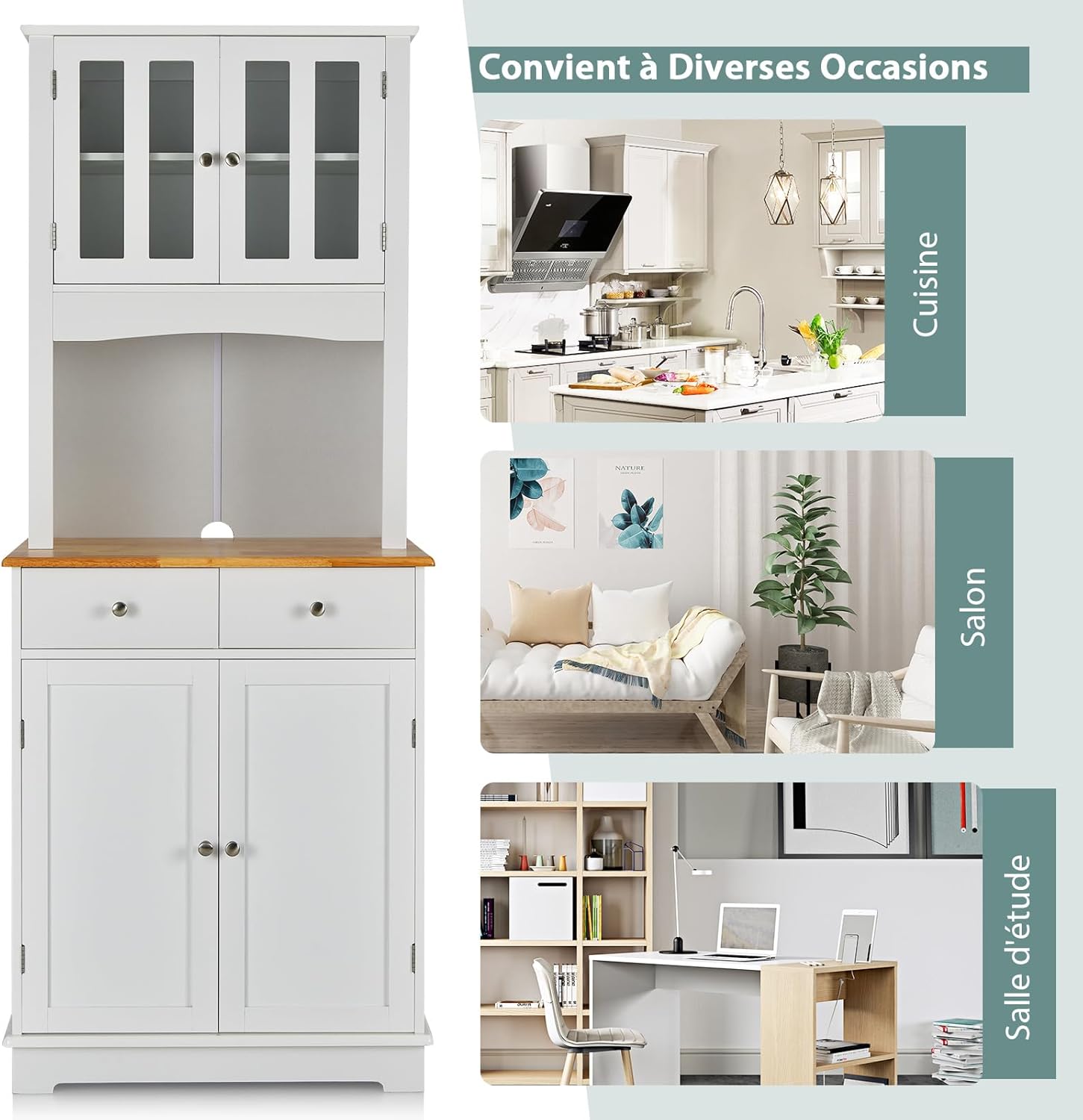 Mobile dispensa da cucina autoportante, Buffet con Piano in Legno, Credenza e 2 Cassetti, Ripiani Regolabili, Armadietto con Ante in Vetro, Sp - 7