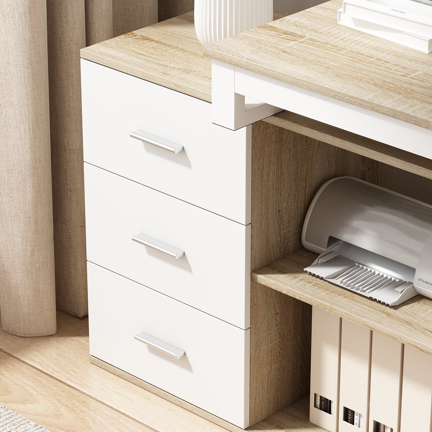 Bureau d'angle en forme de L Bureau informatique 2 étagères pieds en acier Bois&Blanc 130x57x75cm - 5