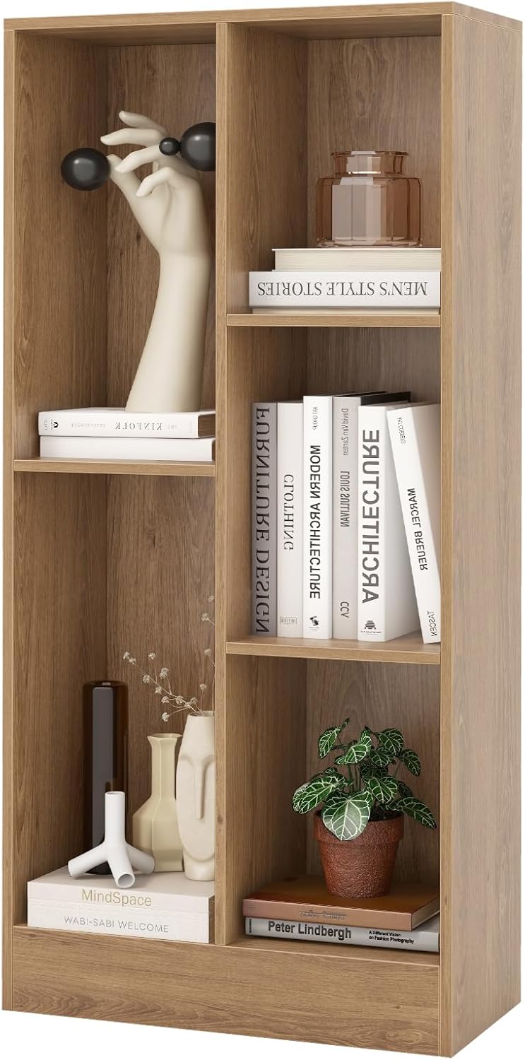 Biblioteka z 5 Otwartymi Sześcianami, Regał do Przechowywania z 2 Zestawami Chroniącymi przed Przewróceniem, 50 x 24 x 104 cm (Ciemny Naturalny)