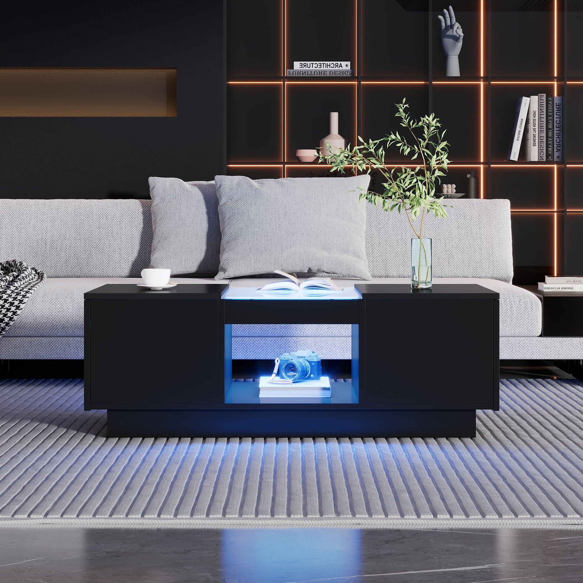 Stół kawowy czarny 100x50x35,5 cm - z LED, sterowaniem APP, 2 szuflady, szklana powierzchnia - 5
