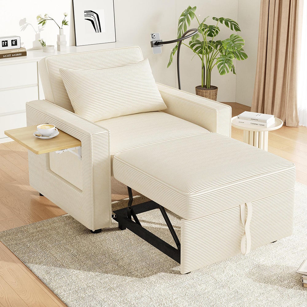 Canapé-lit 1 place USB velours côtelé pliable - beige pour salon/chambre - 9