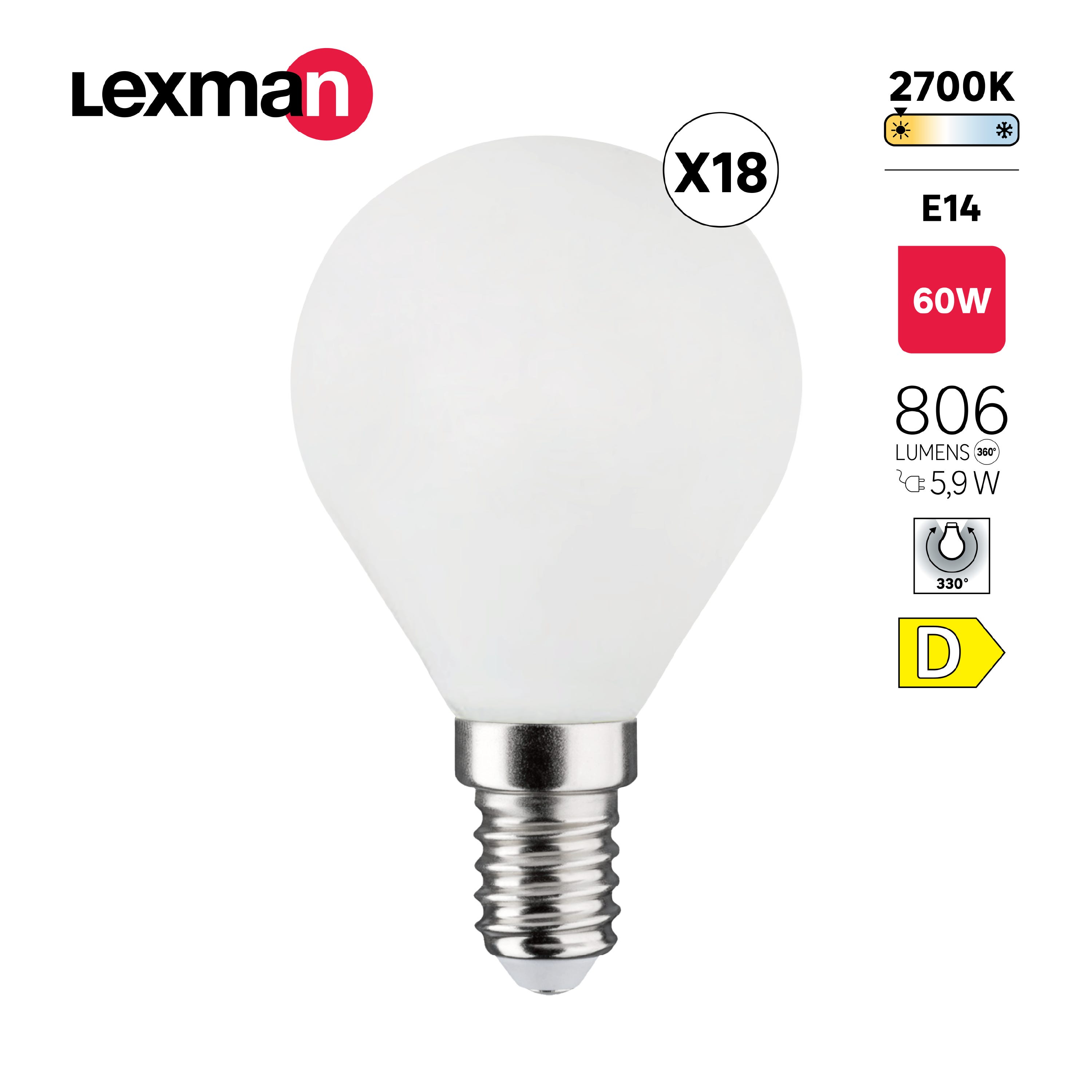 LEXMAN - Lot de 18 Ampoules LED opaques - E14 - 806LM - 5,9W équivalent 60W - Ø 45 mm - 2700K - Blanc chaud - 2