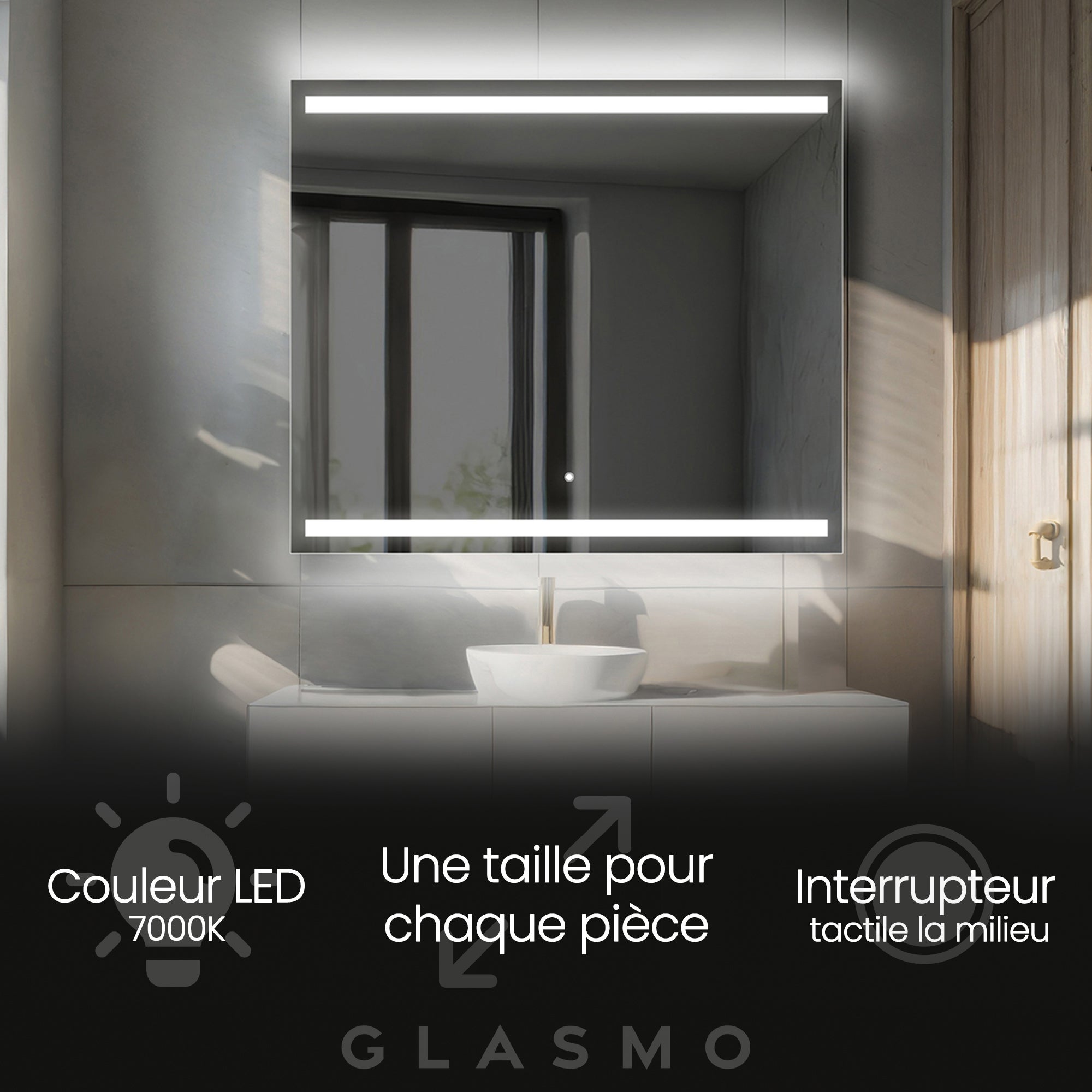Miroir Lumineux 45cm Miroir Salle De Bain Rond LED Five - D.45cm, Tactile, Éclairage Intégré, Verre Et Bois Miroir Salle De Bain Avec Eclairage