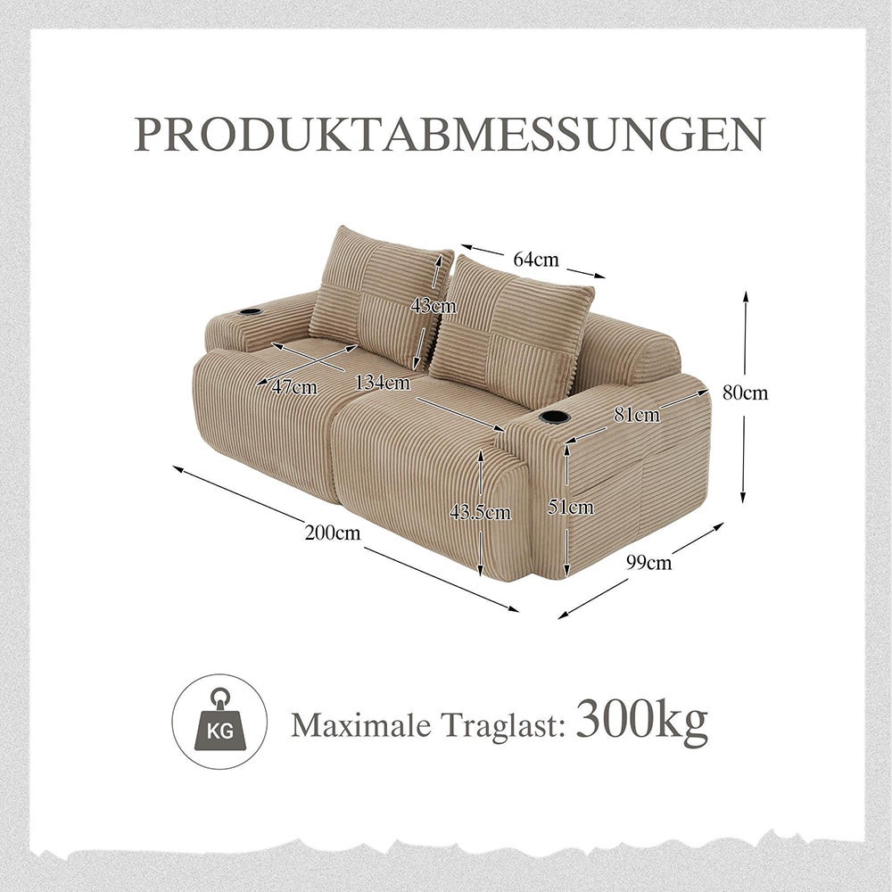 Canapé 2 places 200 cm - Canapé modulable avec accoudoirs - Porte-gobelets - Sans montage - Tissu velours côtelé - Kaki - 6
