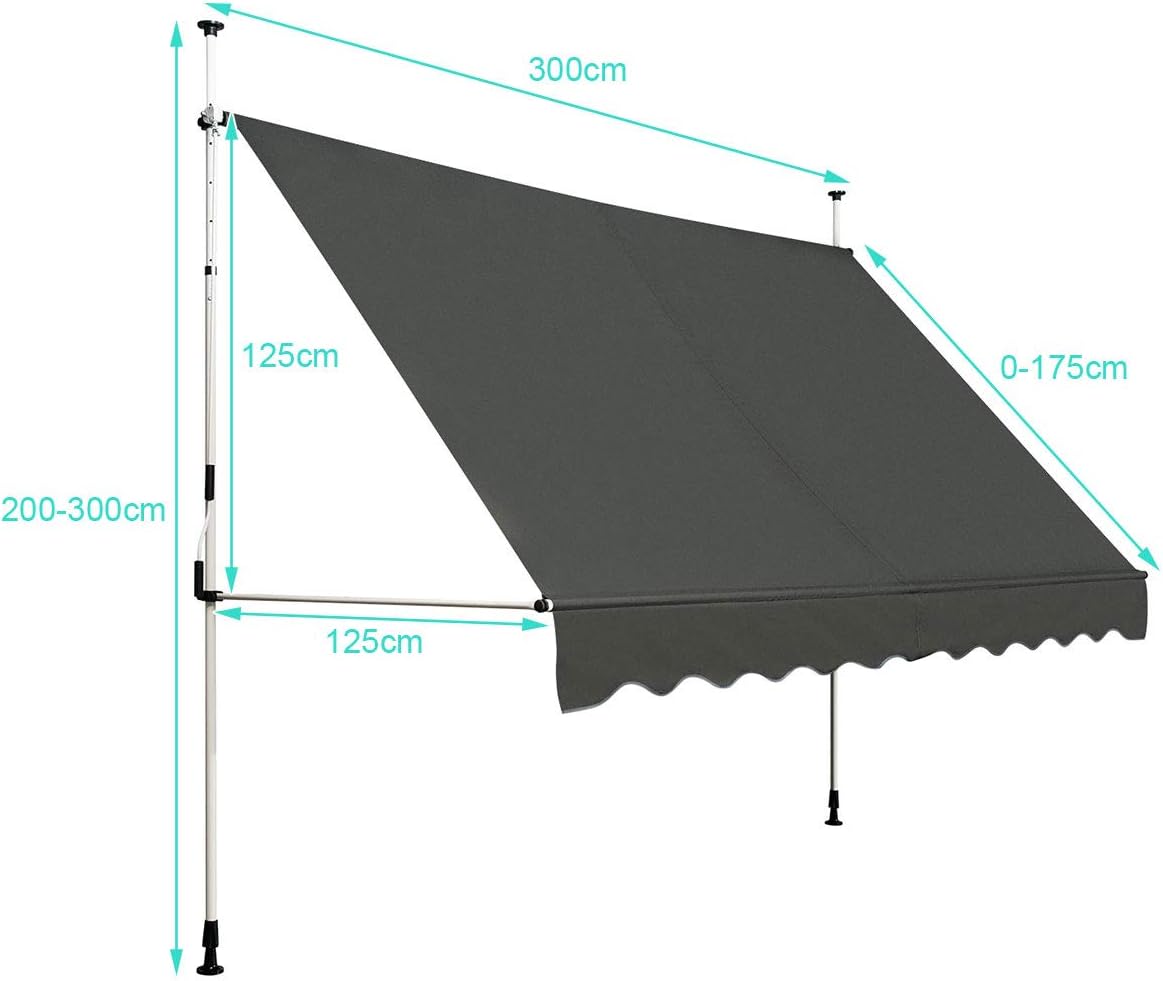 Store Banne Manuel Rétractable 3x1,75M en Aluminium-sans Perçage-Hauteur Réglable 2-3M-Auvent Banne de Balcon sur Pied,Gris - 2