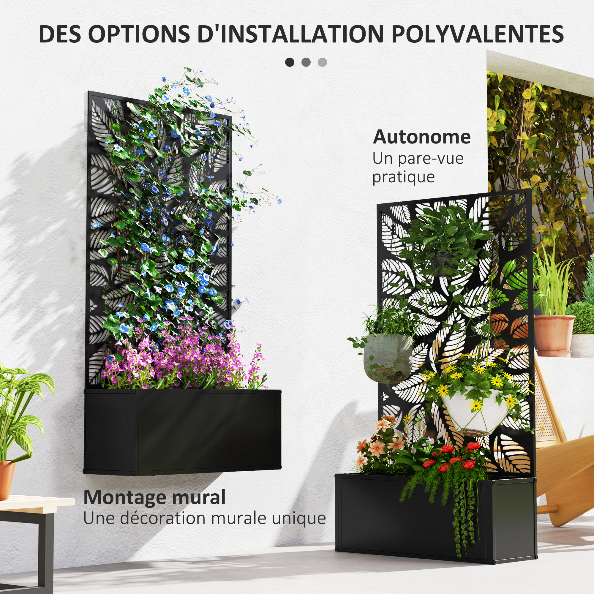 Jardinière avec treillis bac à fleurs rectangulaire grande taille panneau d'intimité métal 61 x 23 x 113 cm noir - 6