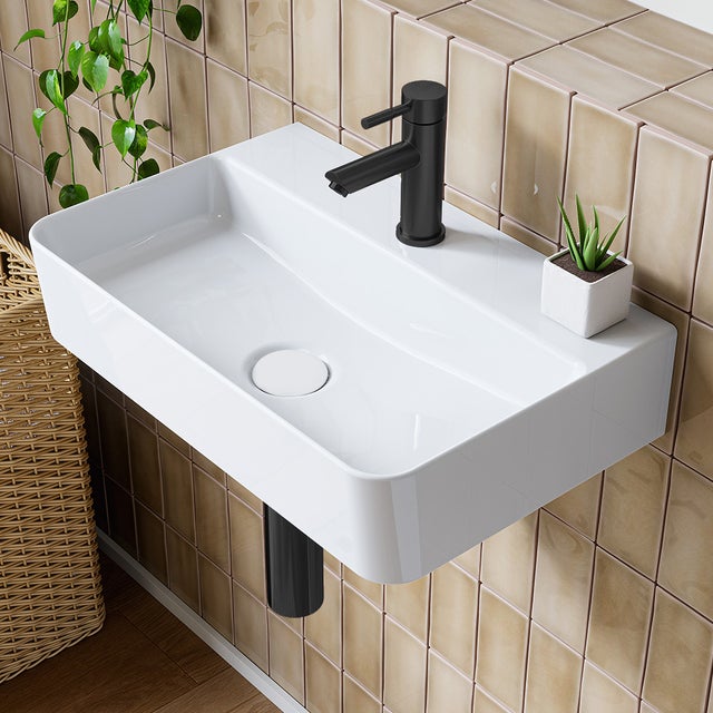 Lavabo mural en céramique blanche - Rectangulaire lavabo suspendu 46 x 30.5 cm - Avec trou pour robinet sans trop-plein - Lavabo à poser HOROW