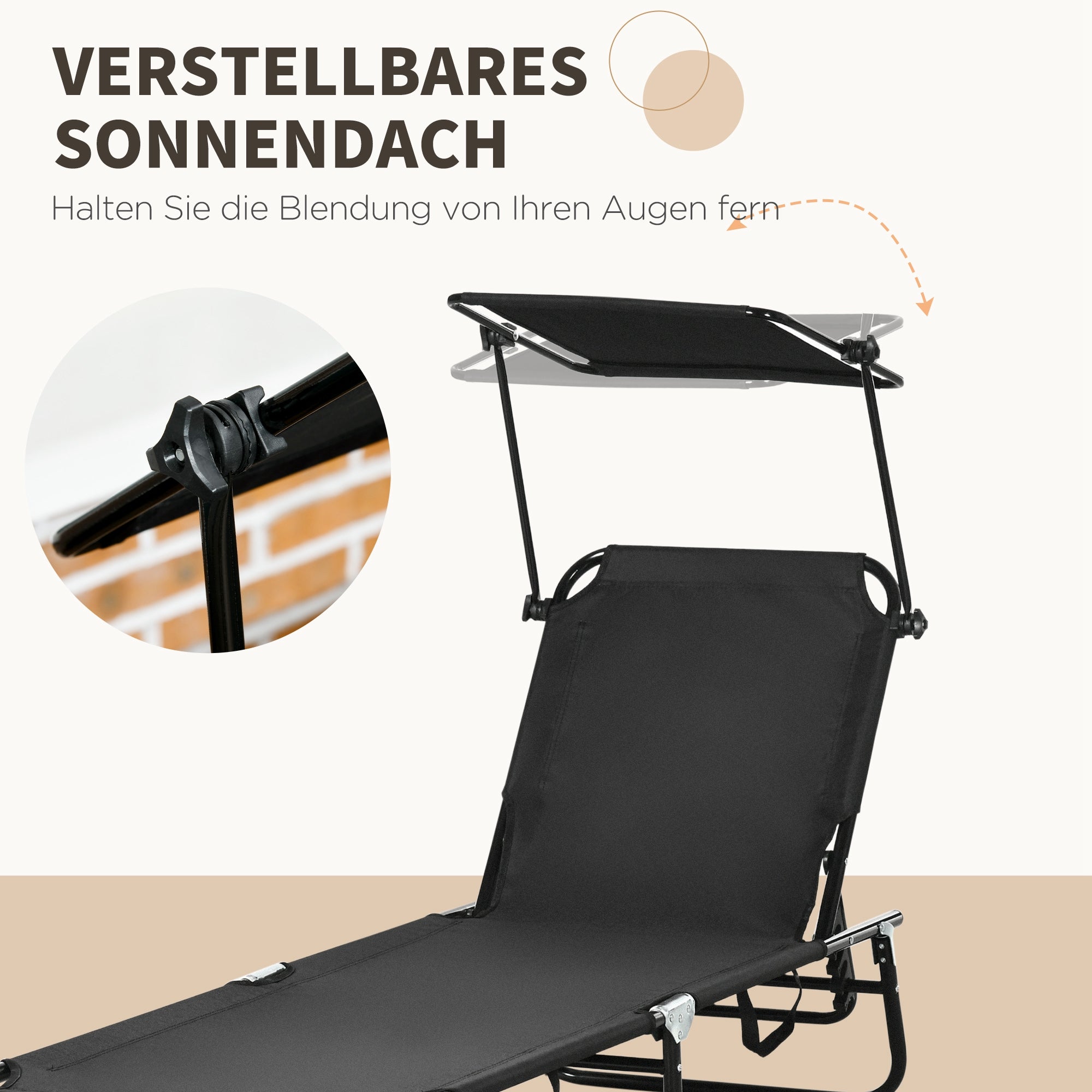 Ensemble de 2 chaises longues pliantes, chaises longues de jardin avec pare-soleil, dossier réglable en hauteur sur 5 positions, noires - 7