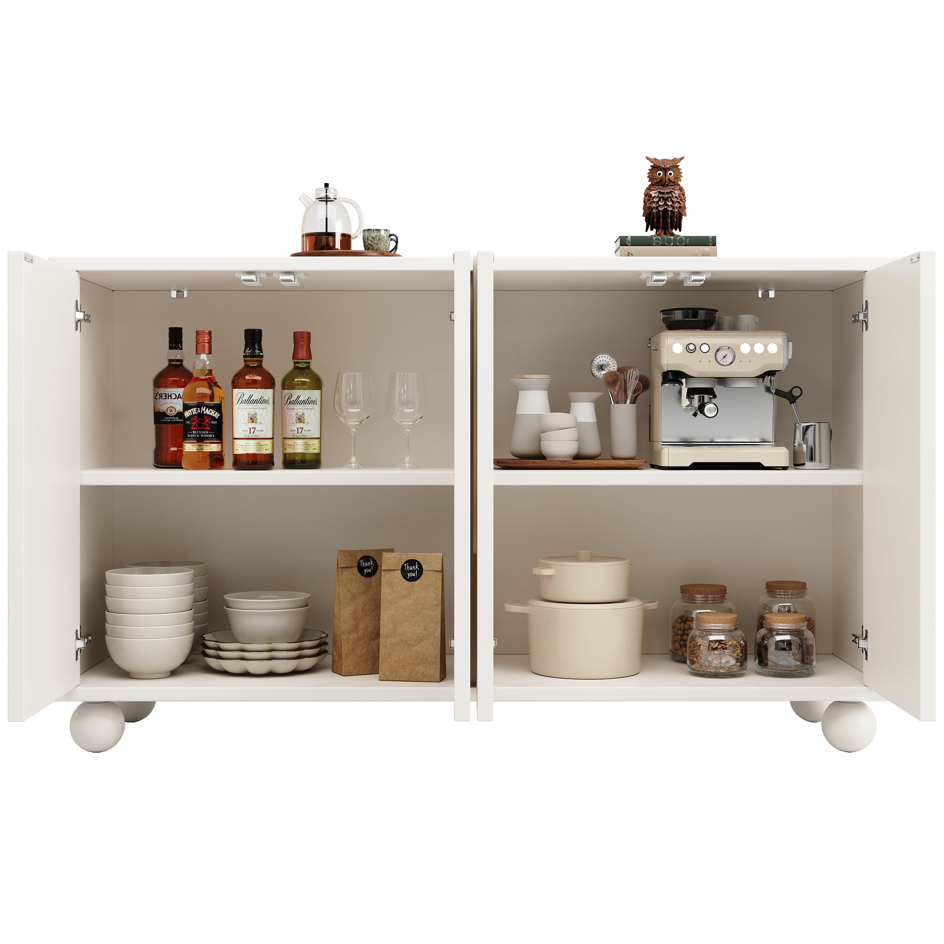 Komoda niska z 4 drzwiami - 120 x 35 x 71 cm - Regulowane półki - Płyta MDF i okrągłe nogi - Do jadalni i salonu - Biała - 6