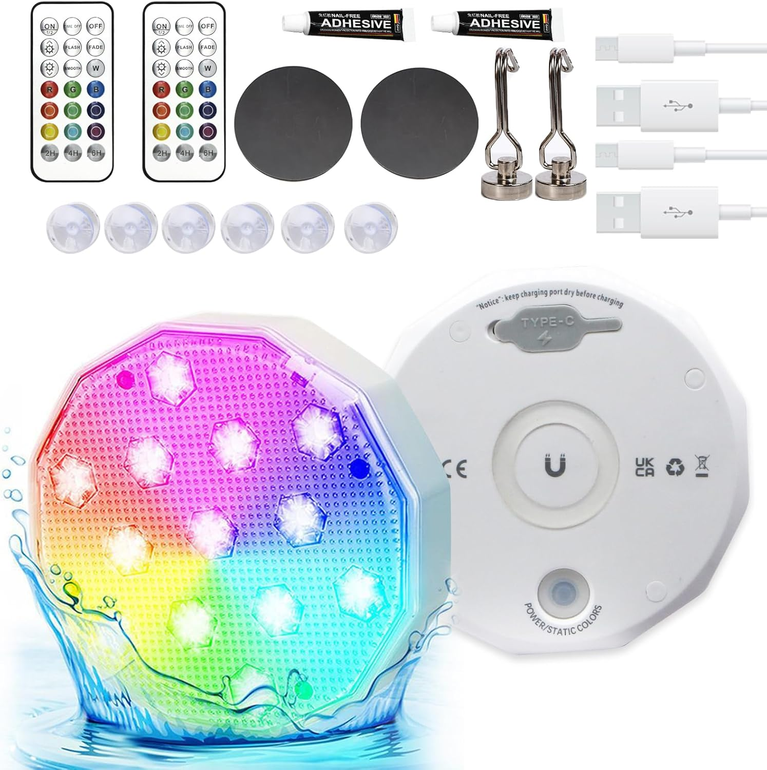 Zestaw 2 podwodnych, ładowalnych lamp LED, magnetyczne oświetlenie basenowe LED z pilotem, nastrojowe oświetlenie RGB do basenu