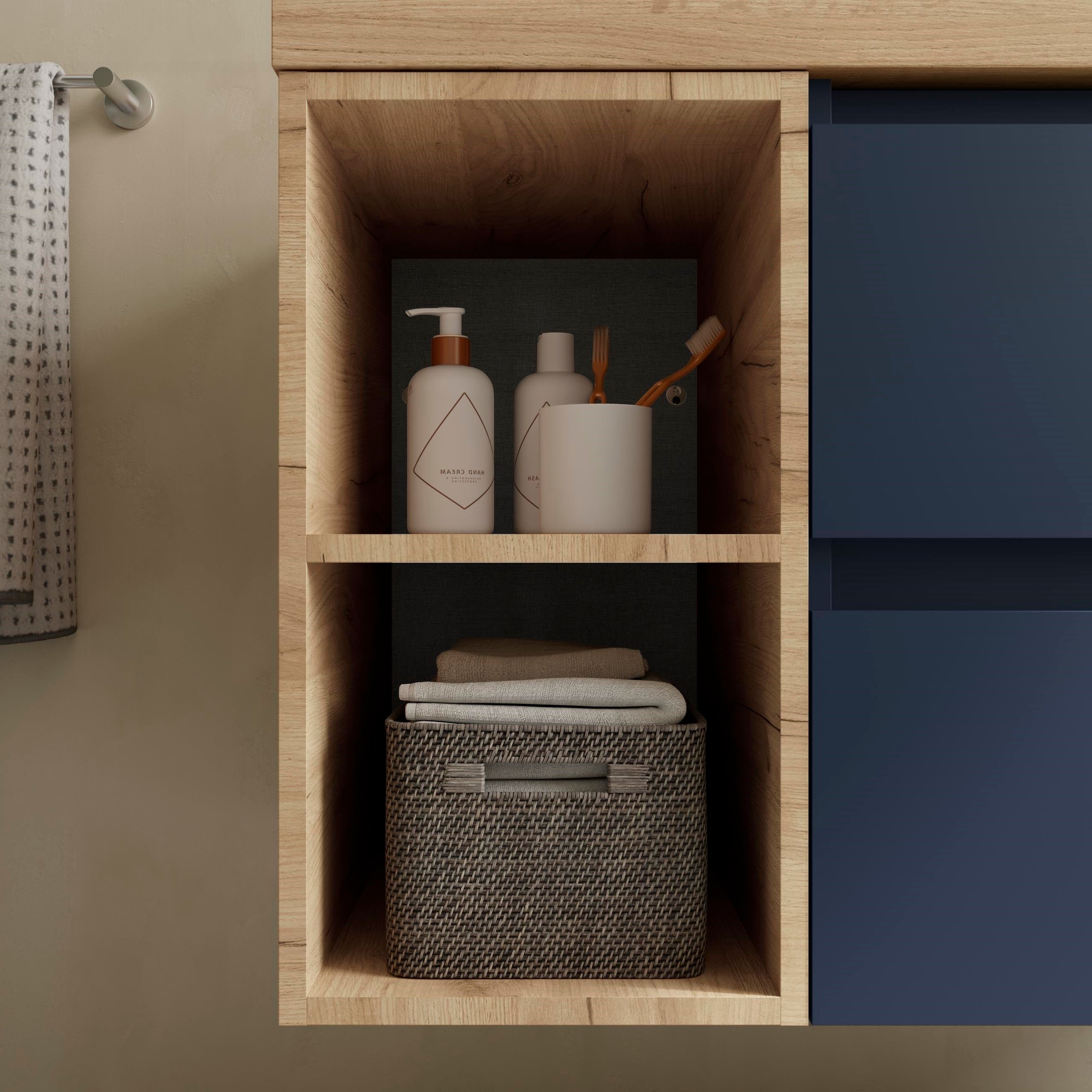 Meuble de salle de bain BEQUIA Plus 120cm Bleu mat /Chêne | Vasque à poser Porcelaine Centrale - 4