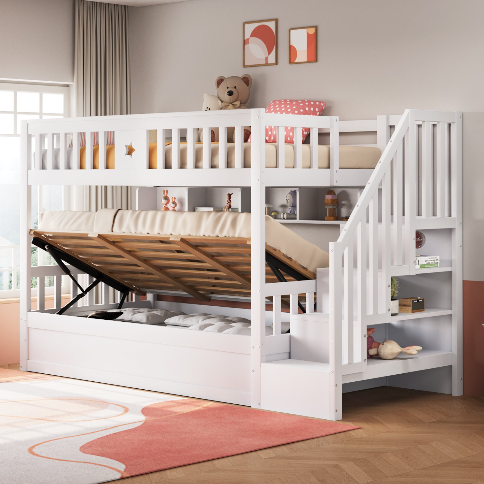 Łóżka piętrowe 2 x 90 x 200 cm ze skrzynią i półkami - Sosna + sklejka + MDF - Białe (Bez materaca)