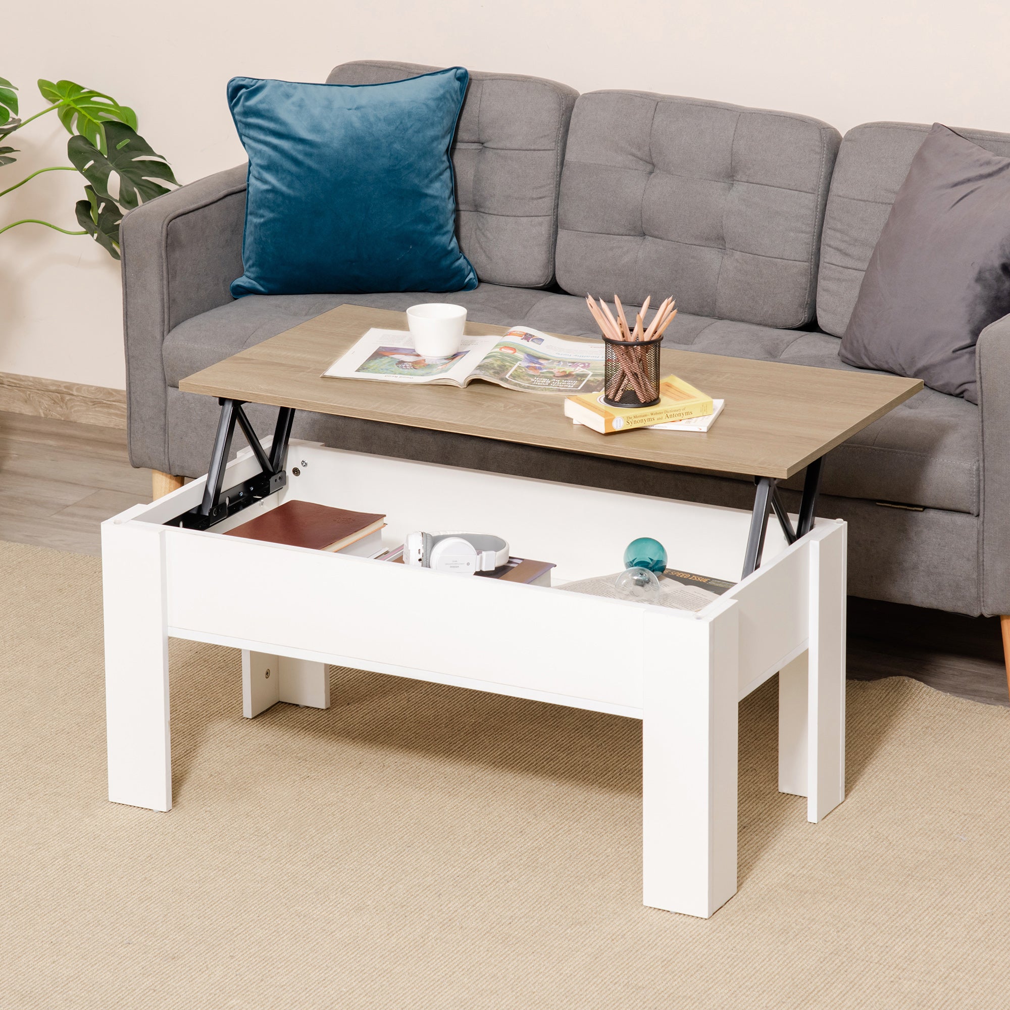 Homcom Mesa Centro Elevable Melamina De Madera Y Natural 100X50x58.5 Cm Blanco , Leroy Merlin