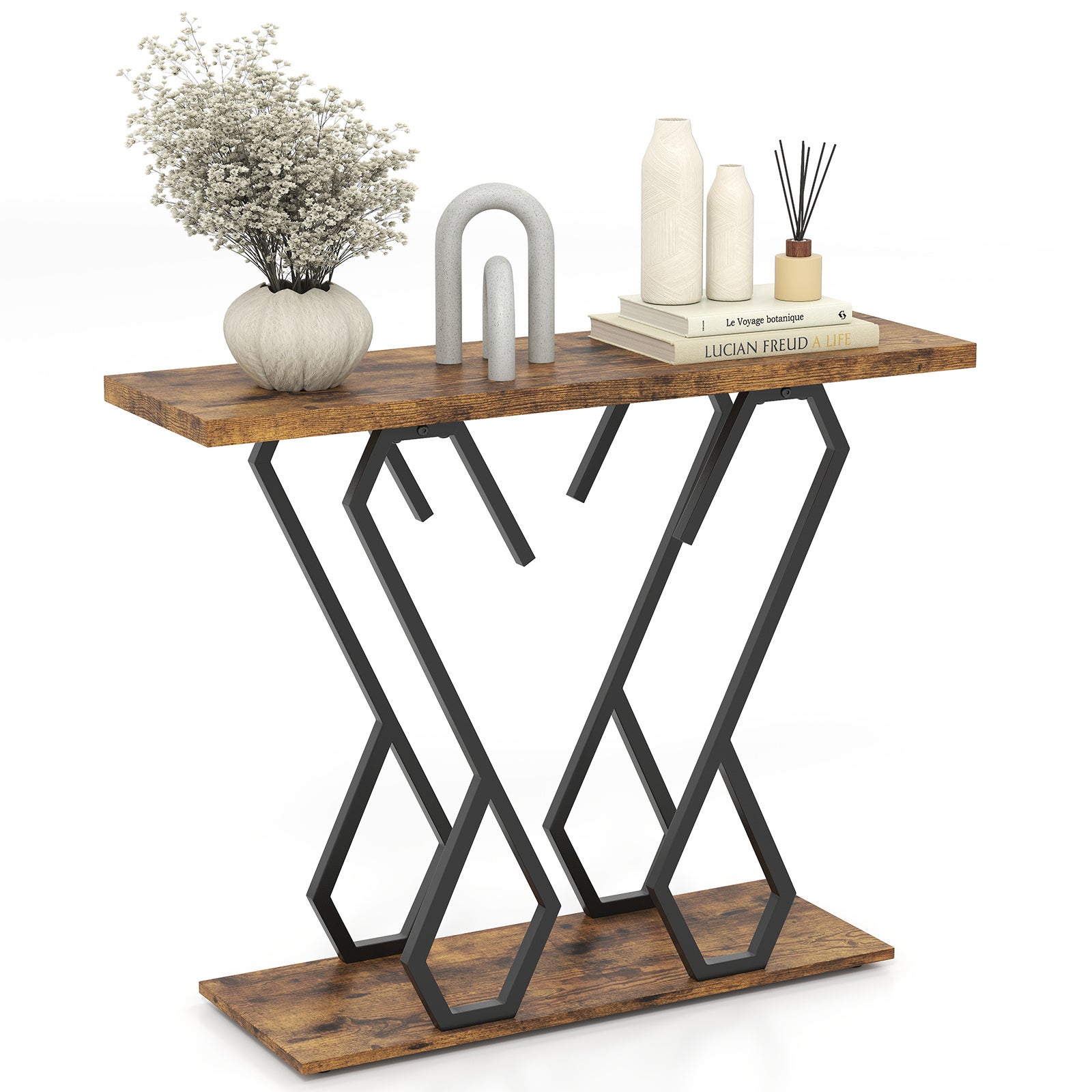 Stolik konsolowy, mebel do przedpokoju z półką, złota metalowa rama, zestaw zabezpieczający przed przewróceniem w zestawie, 100 x 30 x 80 cm, brązowy