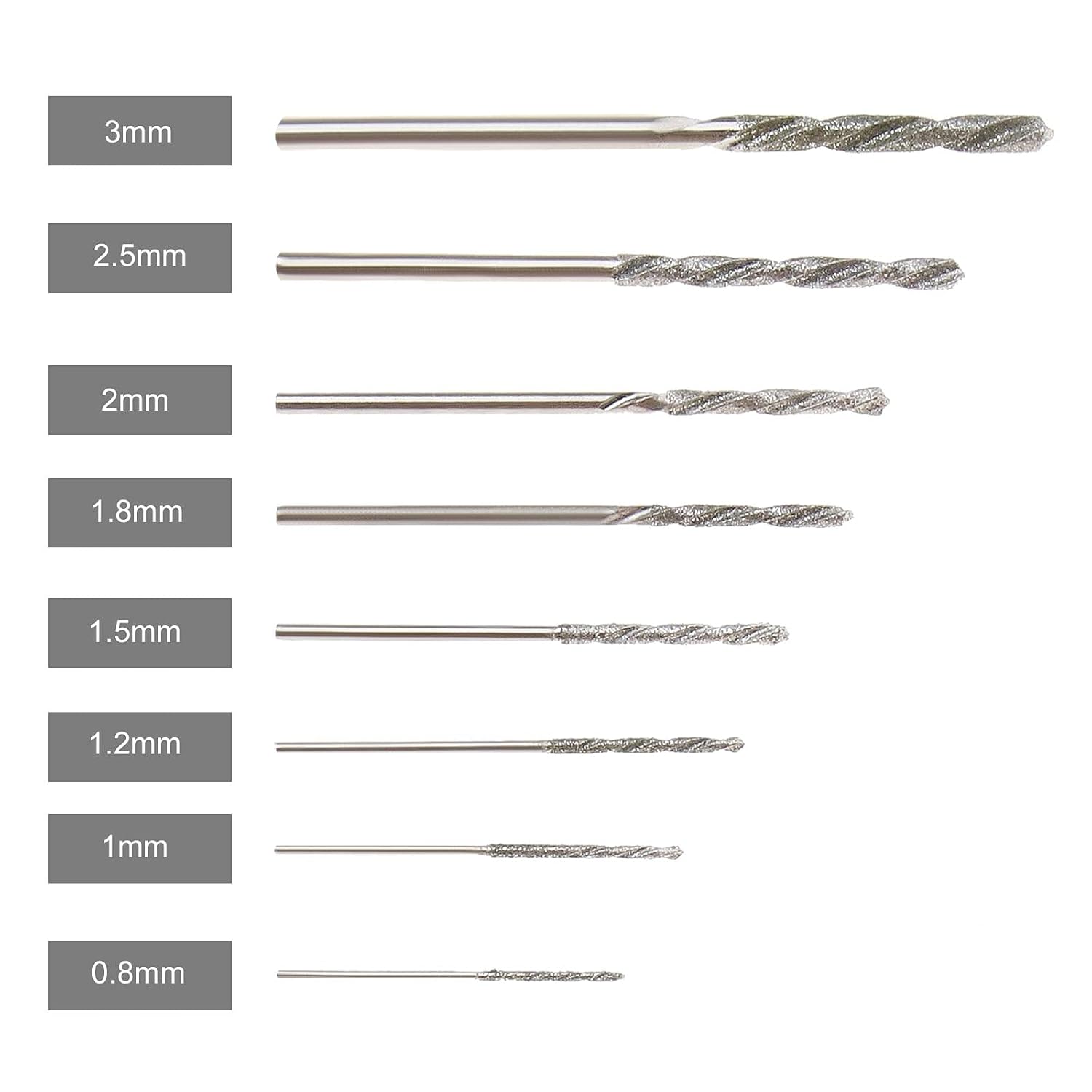 8pcs Diamant Foret Hélicoïdal 0.8/1.0/1.2/1.5/1.8/2.0/2.5/3.0mm pour Jade Verre Perle Coquillages Adaptés pour Banc Perceuse Moulin Suspendu - 4