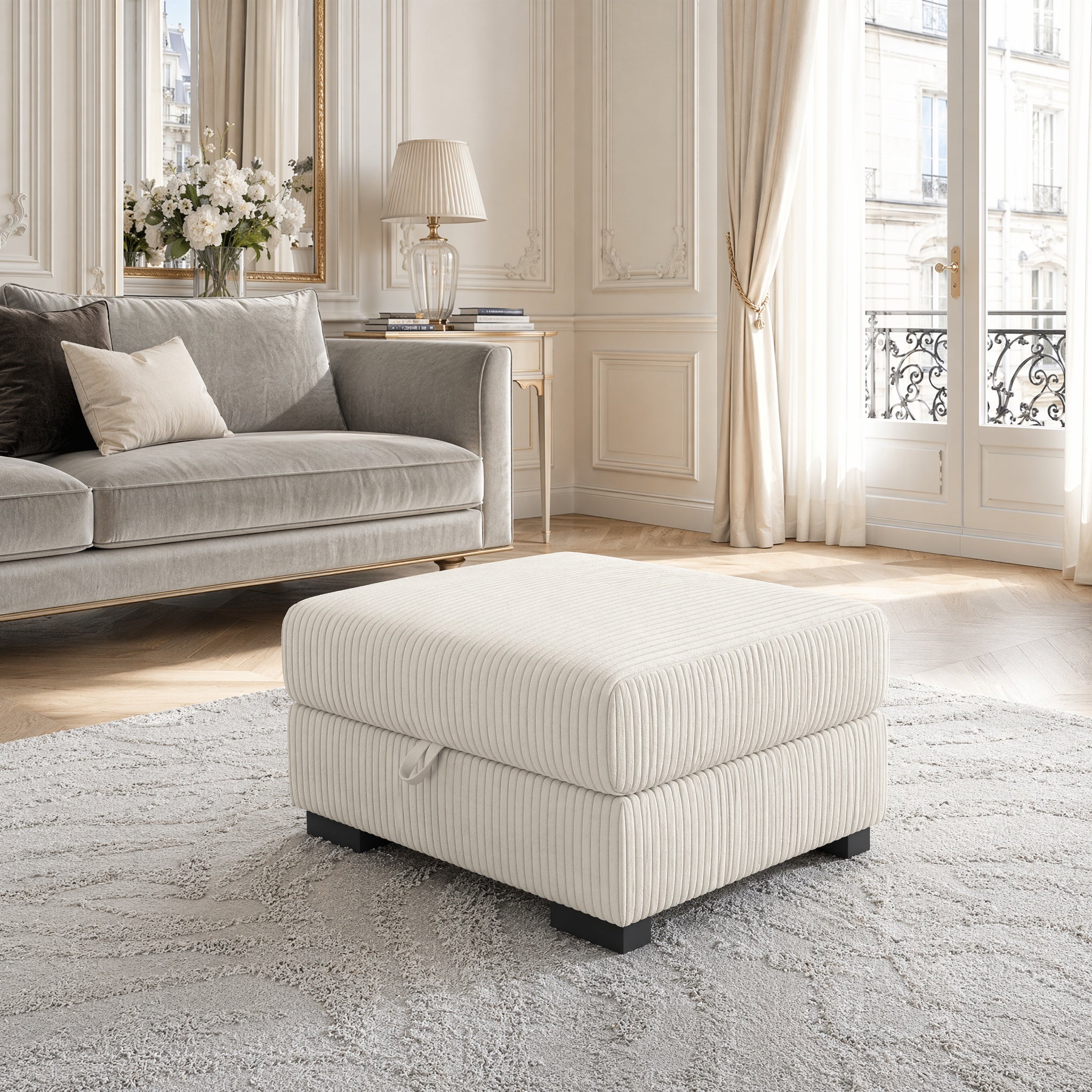 Repose-pieds rectangulaire 88 x 69 x 45 cm - Ottoman de salon modulable - Avec coffre de rangement intégré 88 x 69 x 45 cm - Velours côtelé - Beige - 5