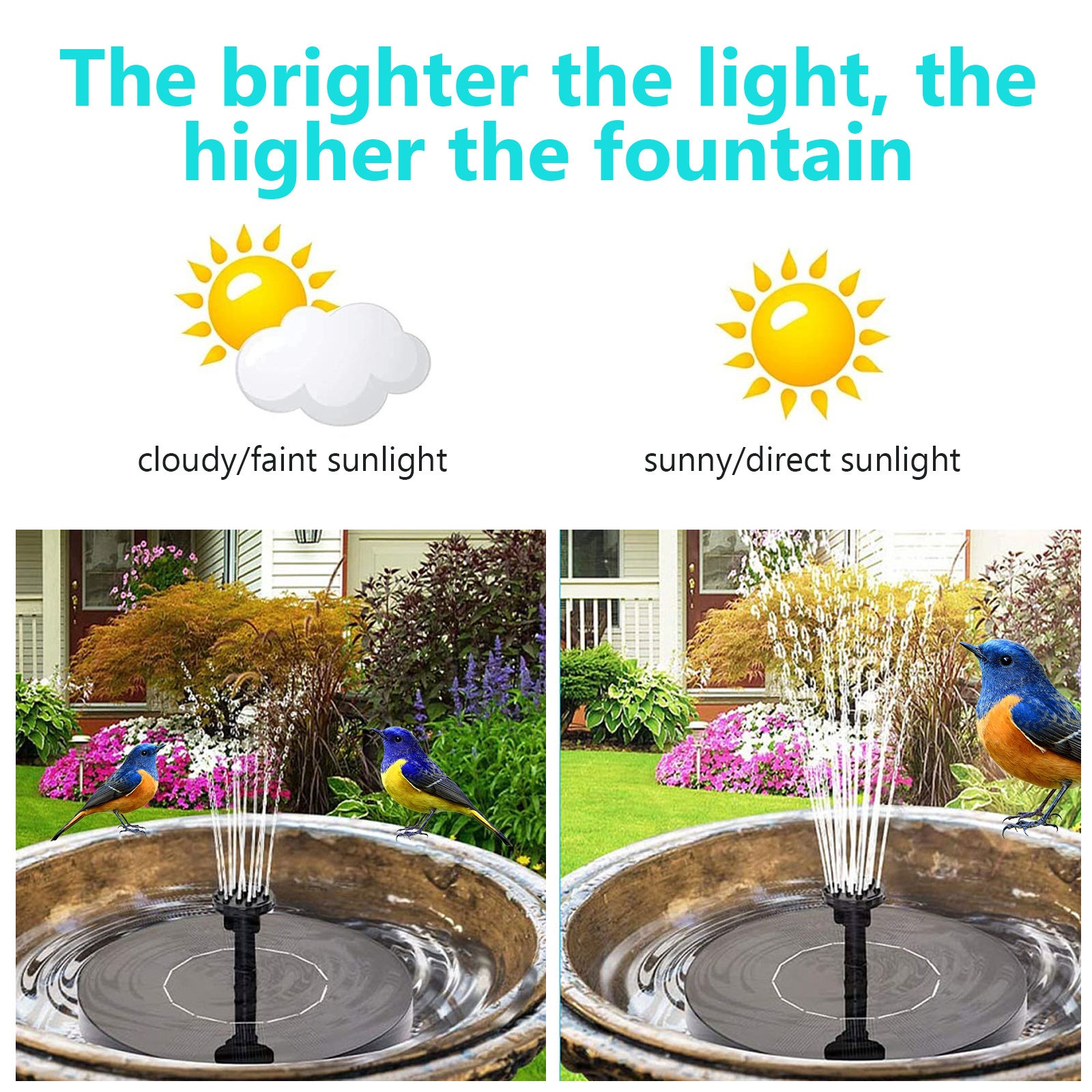 Fontaine Solaire Extérieur 1,5 W avec 4 Tiges de Support avec 6 buses Max 65cm High pour bain d'oiseaux, piscine et aquarium, 16 cm - 5