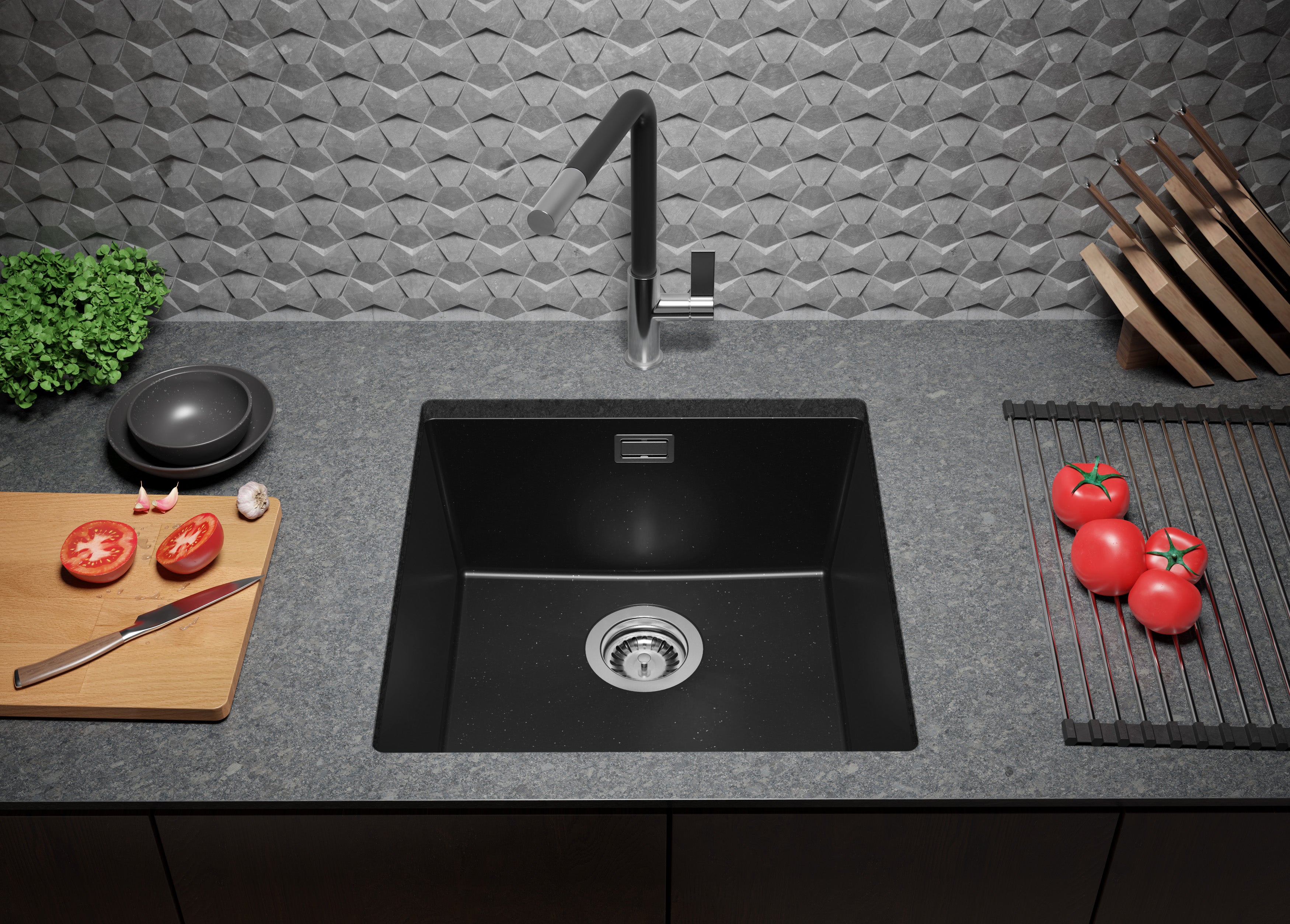 Evier Sous Plan Noir Métallisé 46x47cm, Evier en Granit 1 bac + Kit de Vidage, Évier au meuble 50cm - London PRIMAGRAN - 3