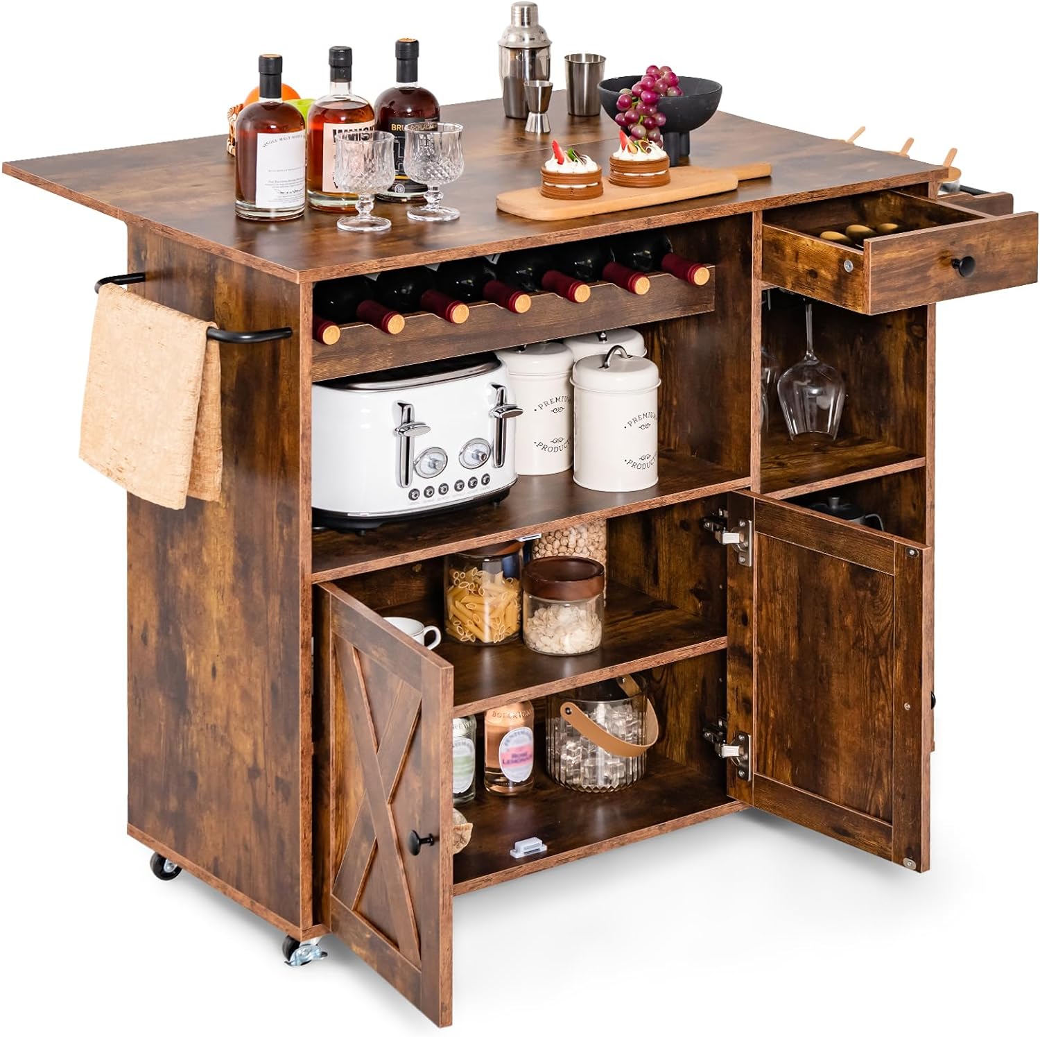 GIANTEX Chariot De Bar à Roulettes 3 Niveaux - Desserte Cuisine Marron Rustique Avec Plateau Amovible