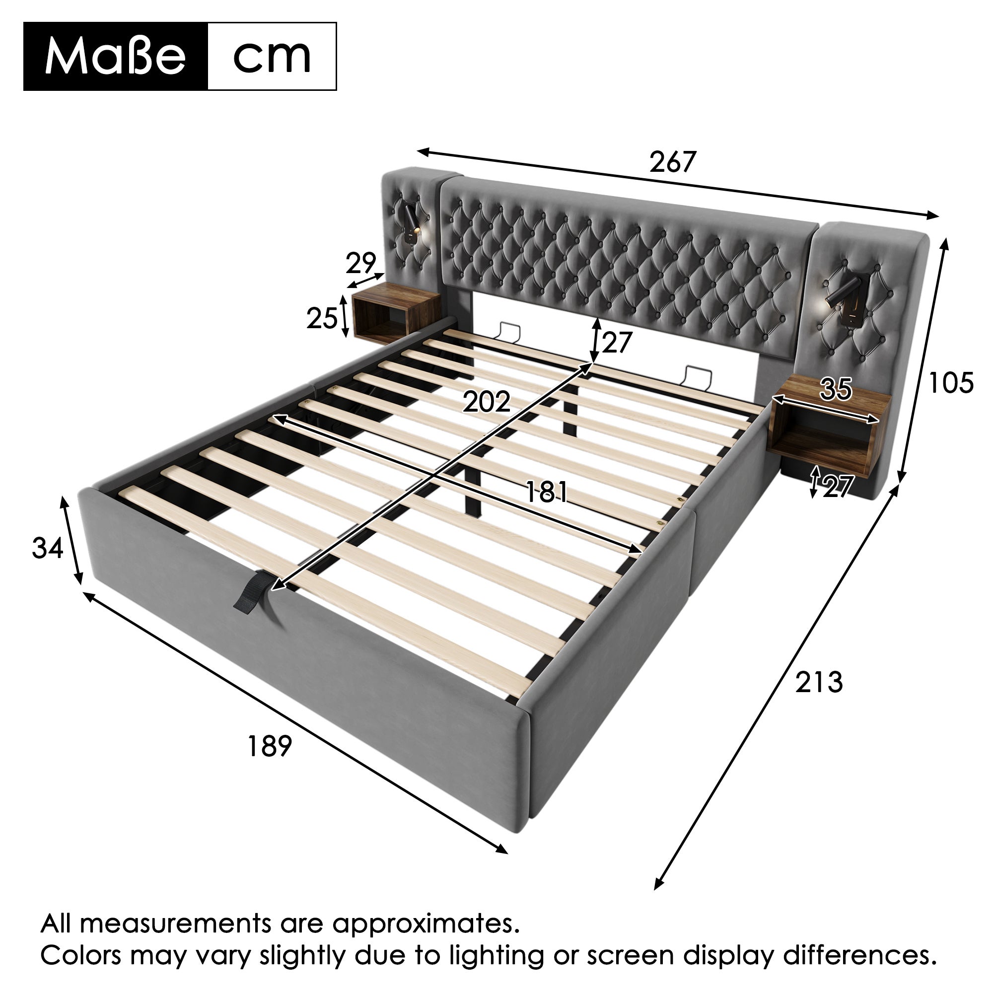 Lit 180x200 avec 2 tables de chevet et hydraulique, lampe de lecture de tête de lit avec chargement USB, Velours Gris(Sans Matelas) - 7