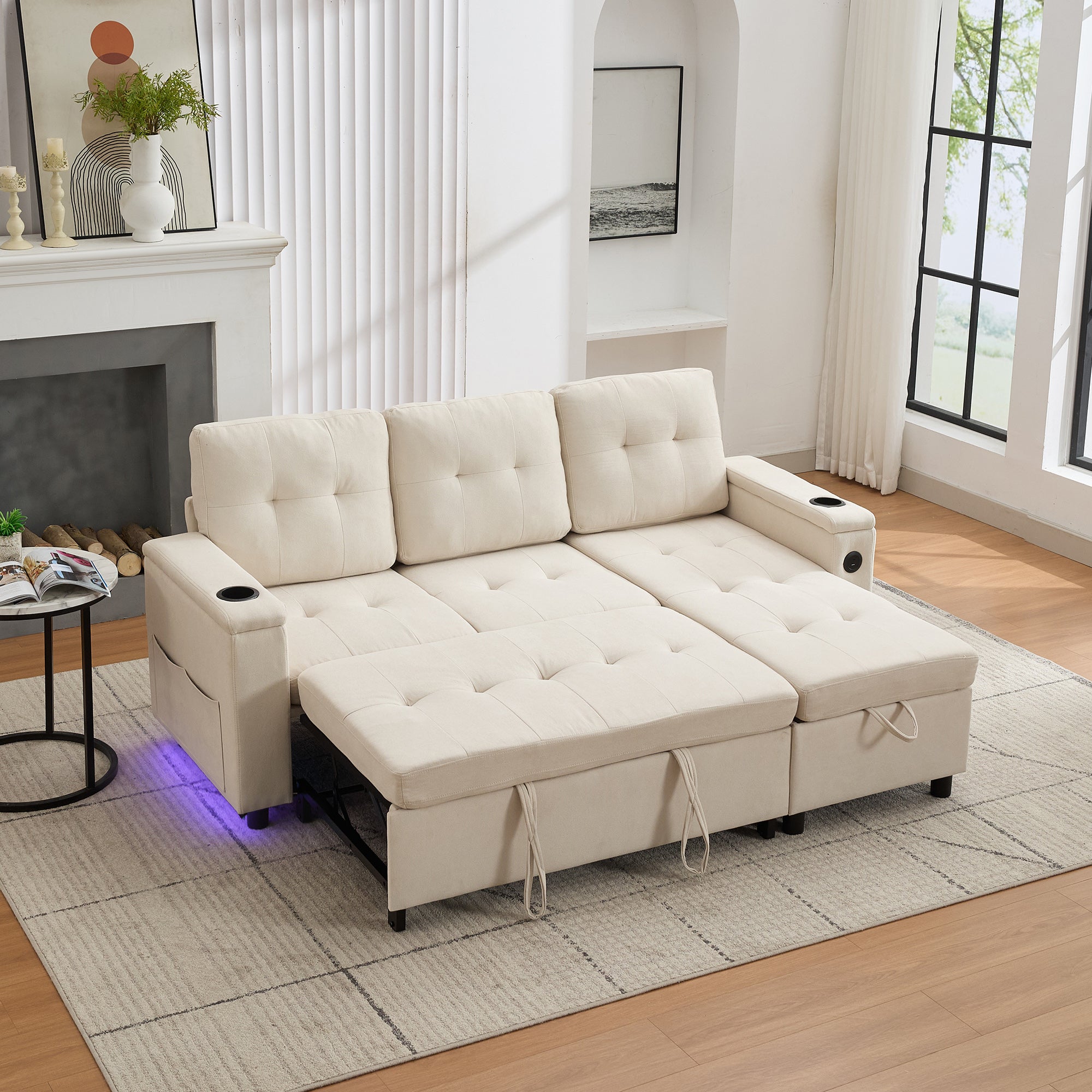 Sofa narożna 3-osobowa z funkcją spania - 208 x 146 x 89,5 cm - Diody LED i gniazdo ładowania - Wyściółka z włókniny i pianki - Beżowa - 7
