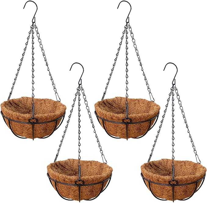 Zestaw 4 wiszących koszy w kolorze kakao, wyłożonych włókniną i kakao, doniczek i doniczek wiszących, odpowiednich do ogrodu, na werandę, balkon lub